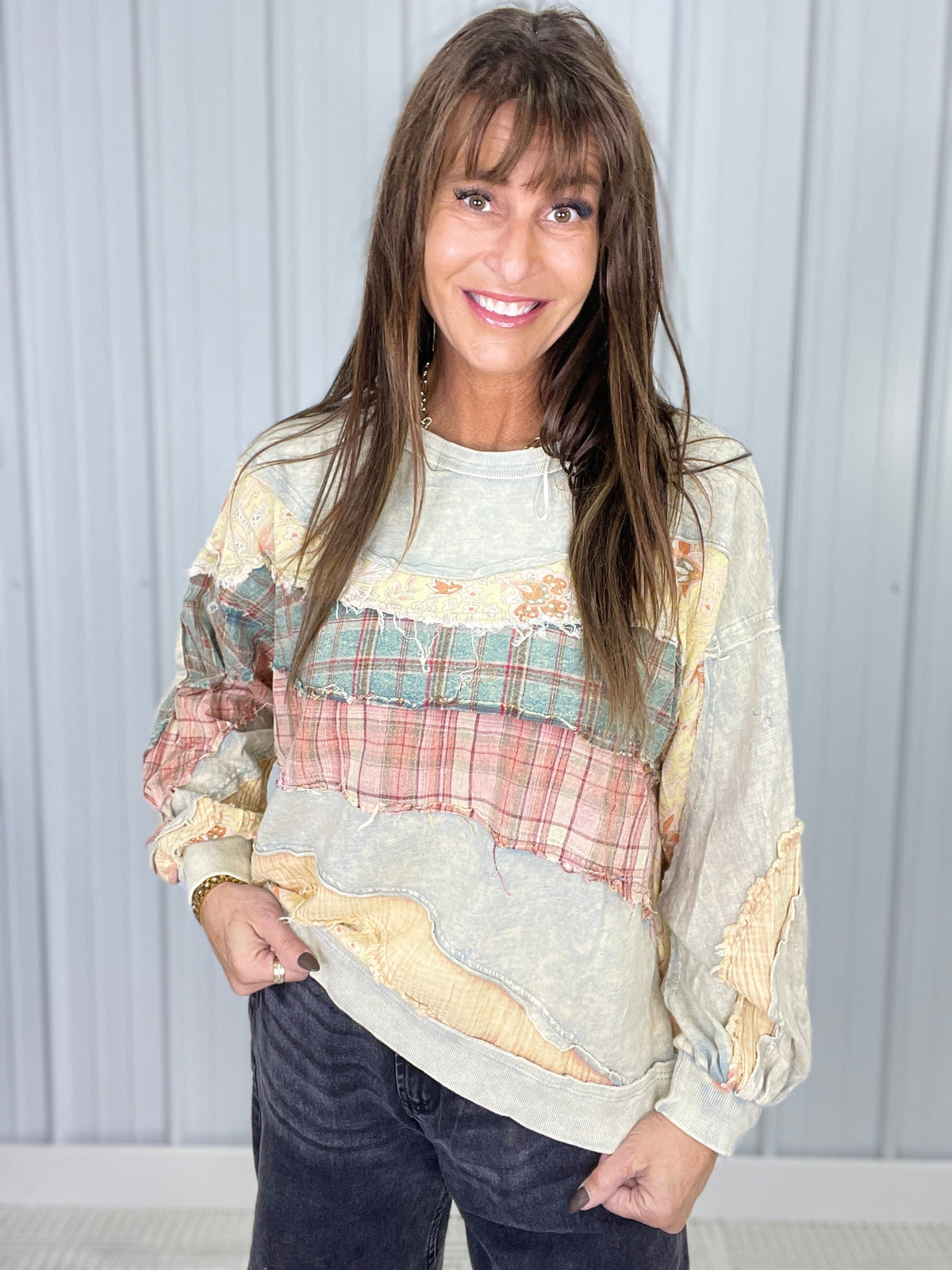 Oli & Hali All Of This Mix Fabric Long Sleeve Top In 2 Colors