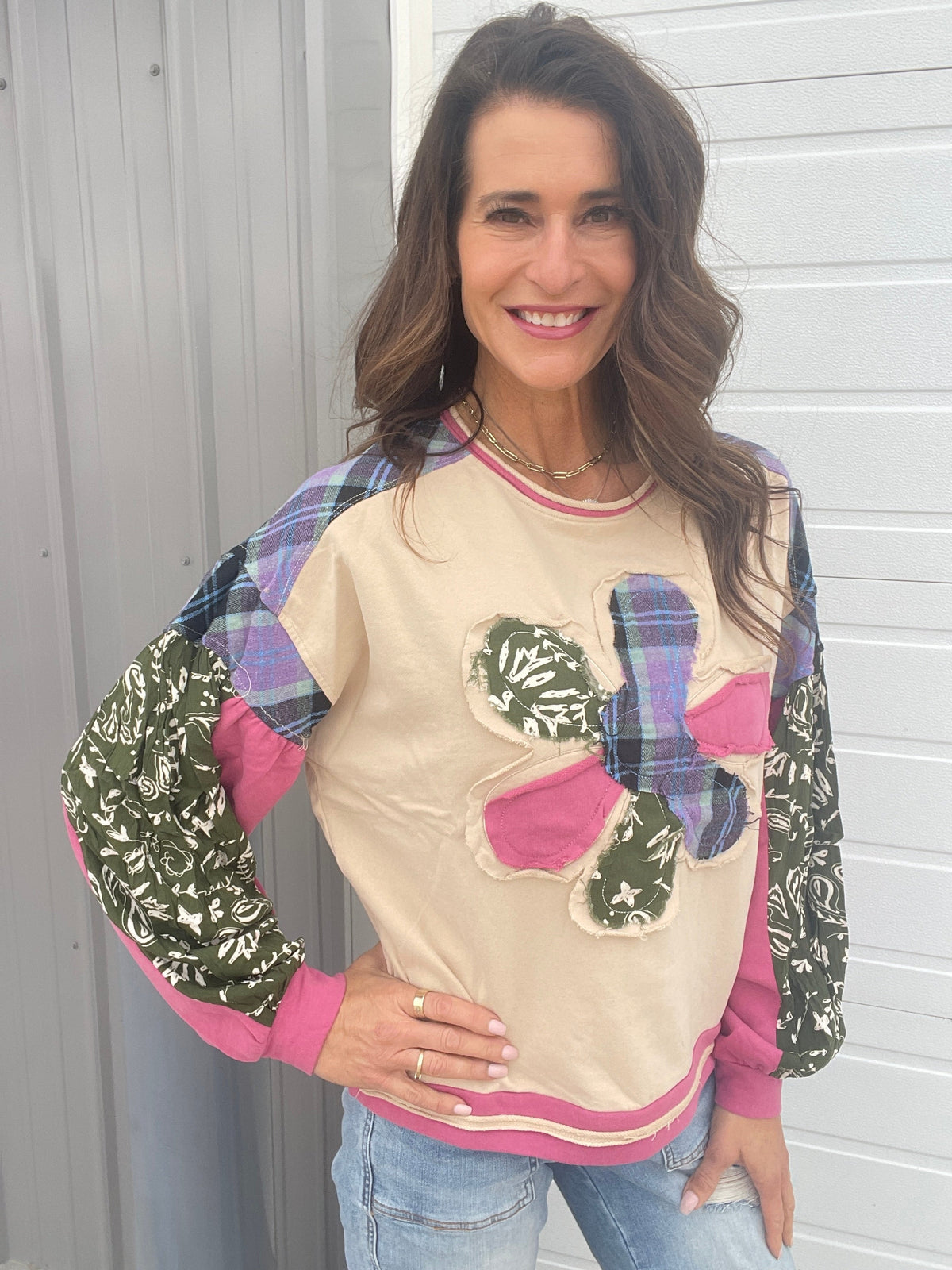 So Flowerful Flower Patch Knit Crew Neck Top In Beige