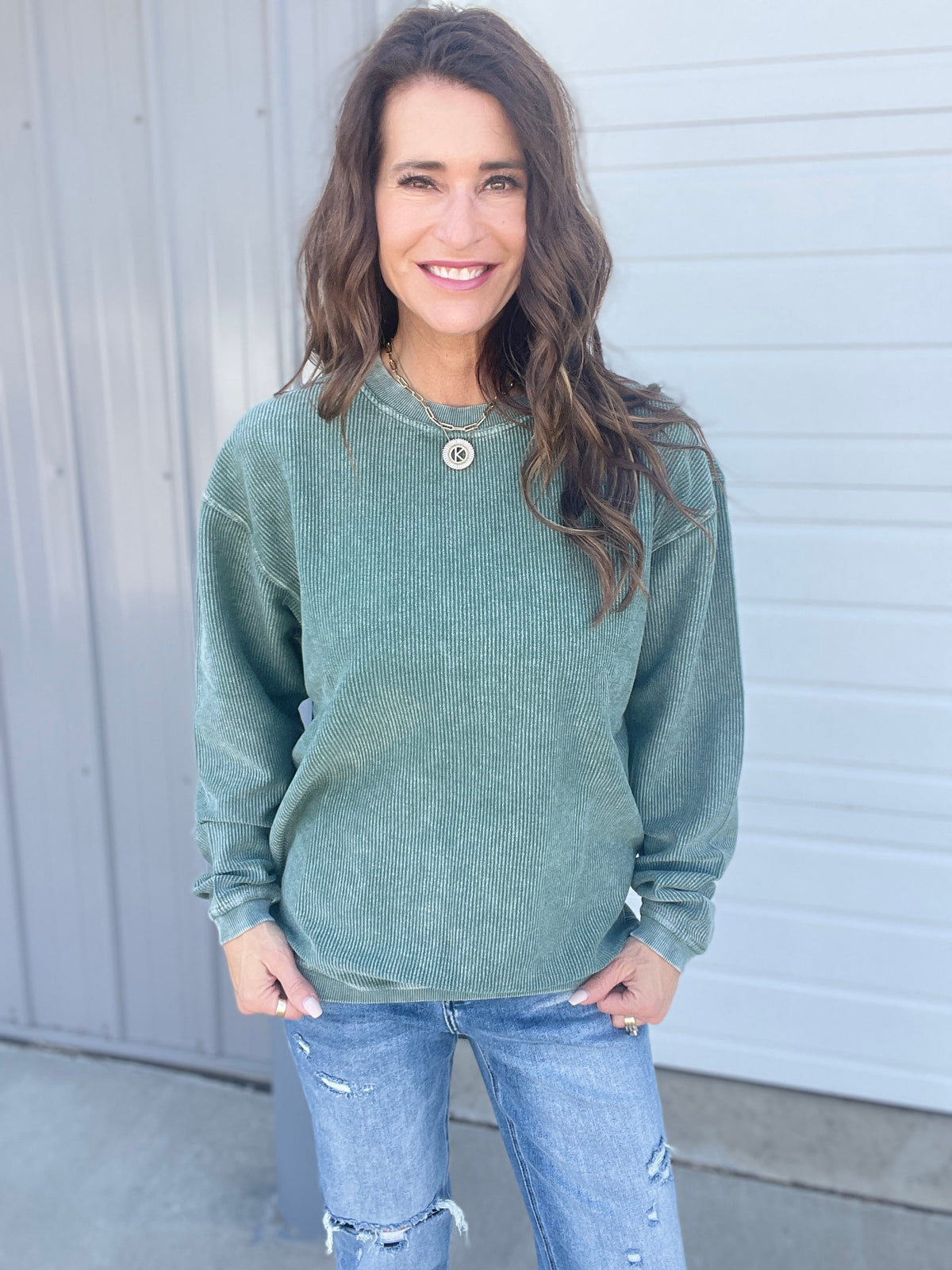 Forest Green Snow Washed Corded Crewneck Pullover Sweatshirt