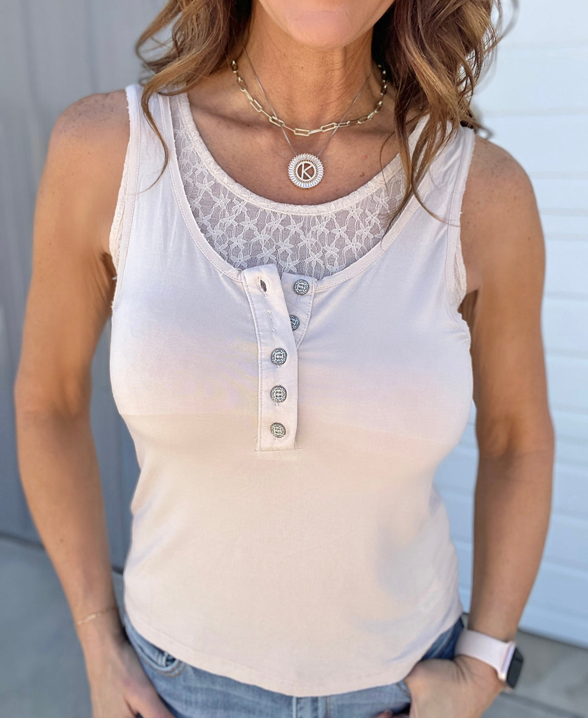 Pol Delicate Charm Lace Inset Tank Top In 2 Colors: Oatmeal, Off White