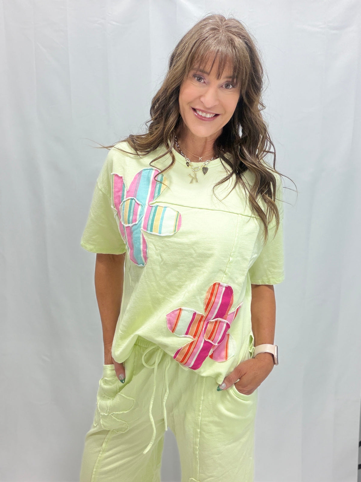 Cotton French Terry Double Flower Patch Top in Soft Lime *Final Sale*