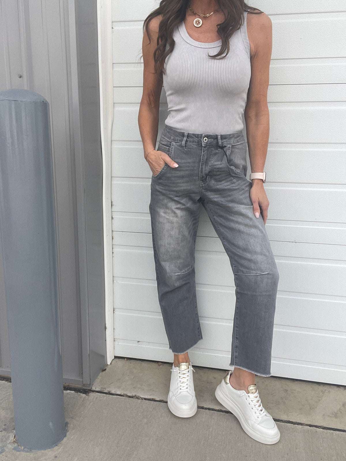Mica Bailey Super High Barrel Leg Jeans 229 In Gray *Final Sale*