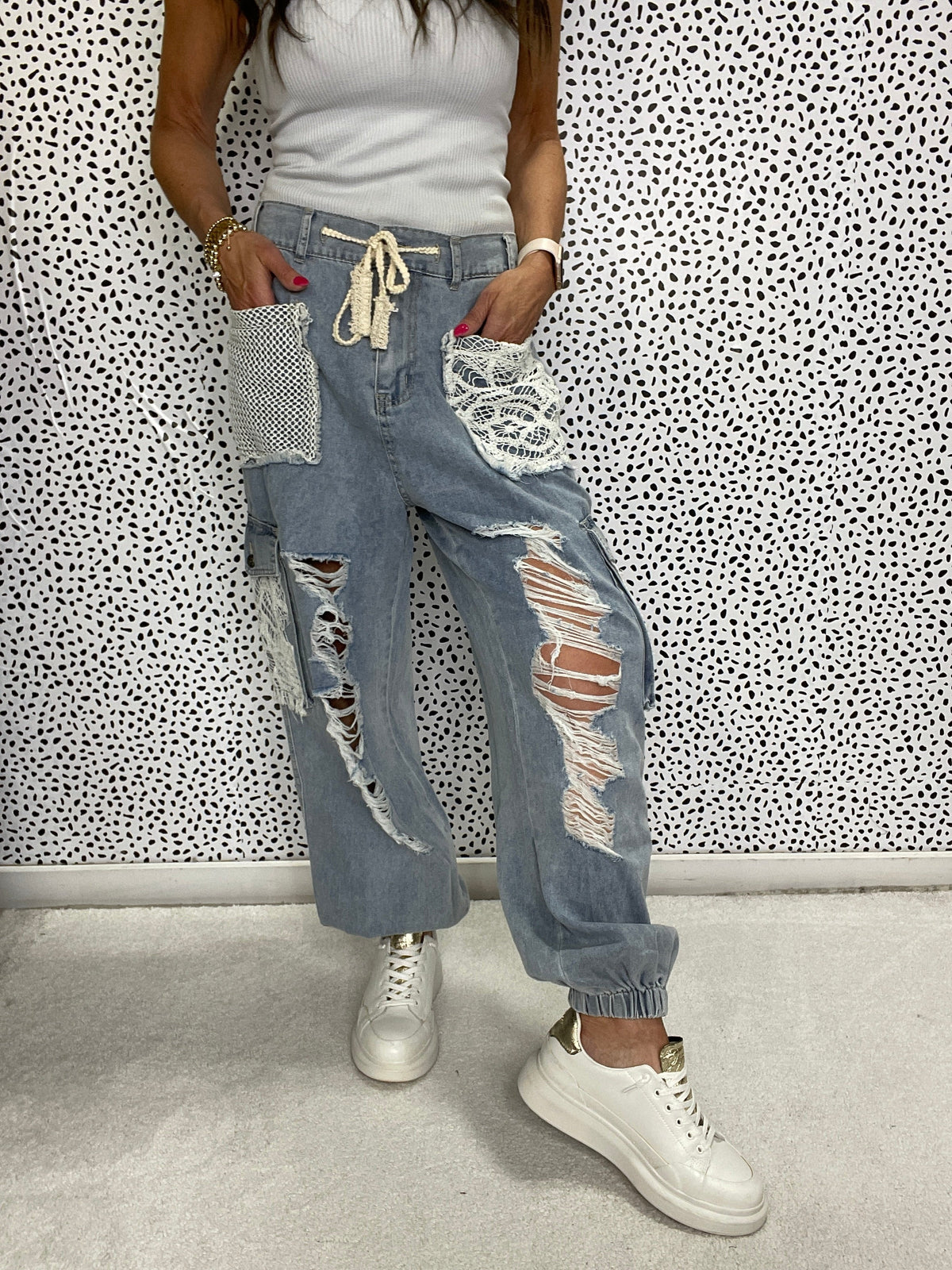 POL Rebel All The Time Distressed Crochet Patch Pants In 4 Colors