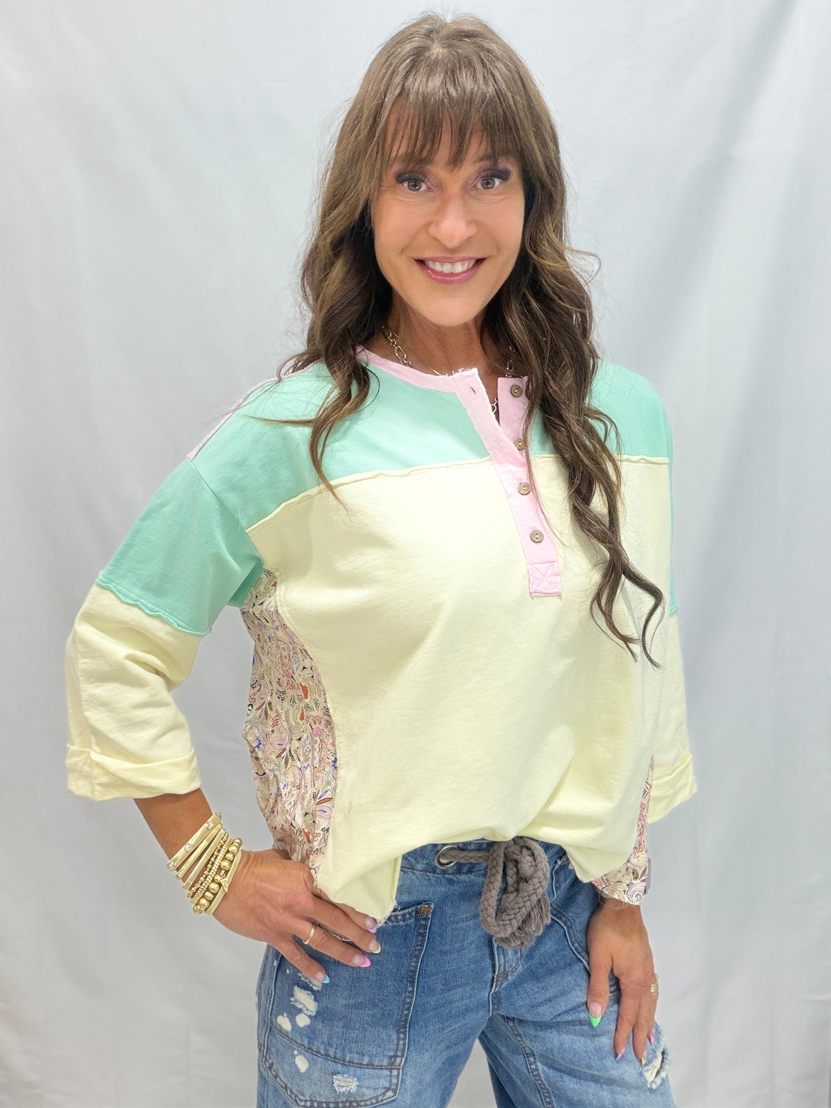 Boho Bliss Print Mix Color Block Terry Knit Henley In 3 Colors