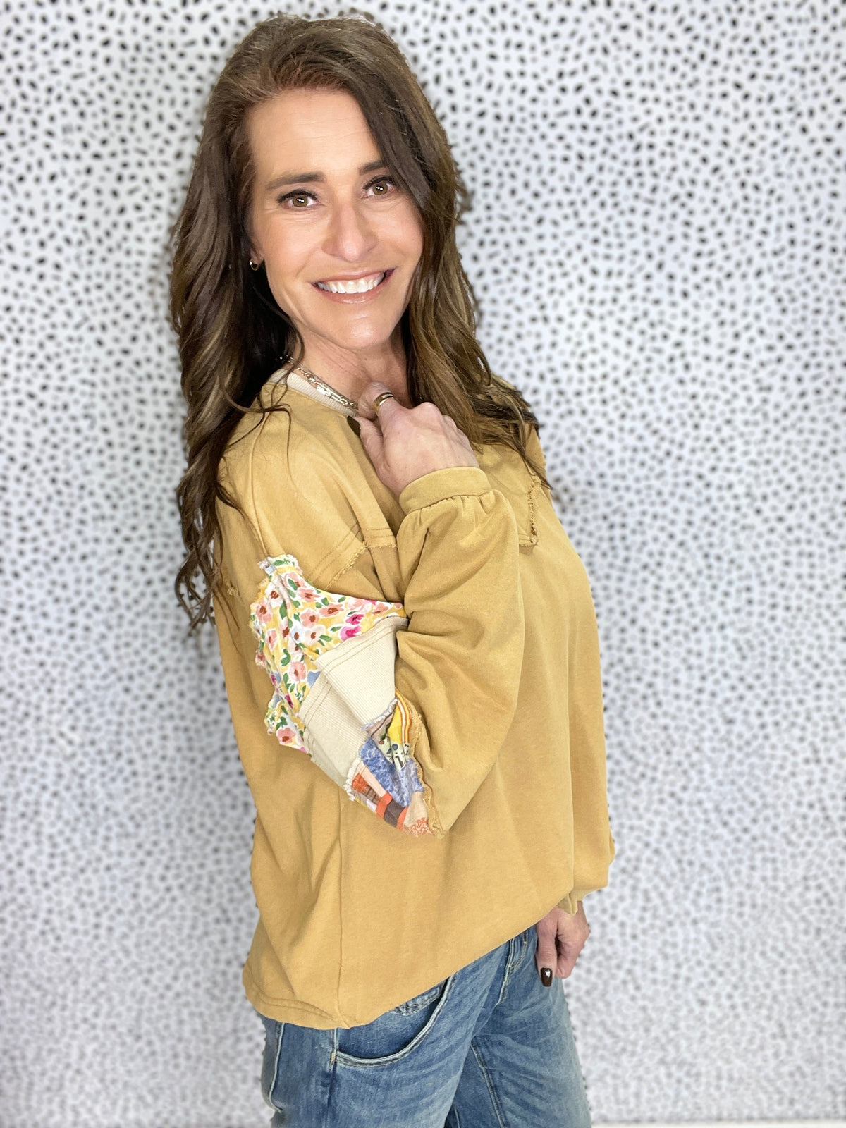 Stay Forever Print Mix Pullover In Camel *Final Sale*