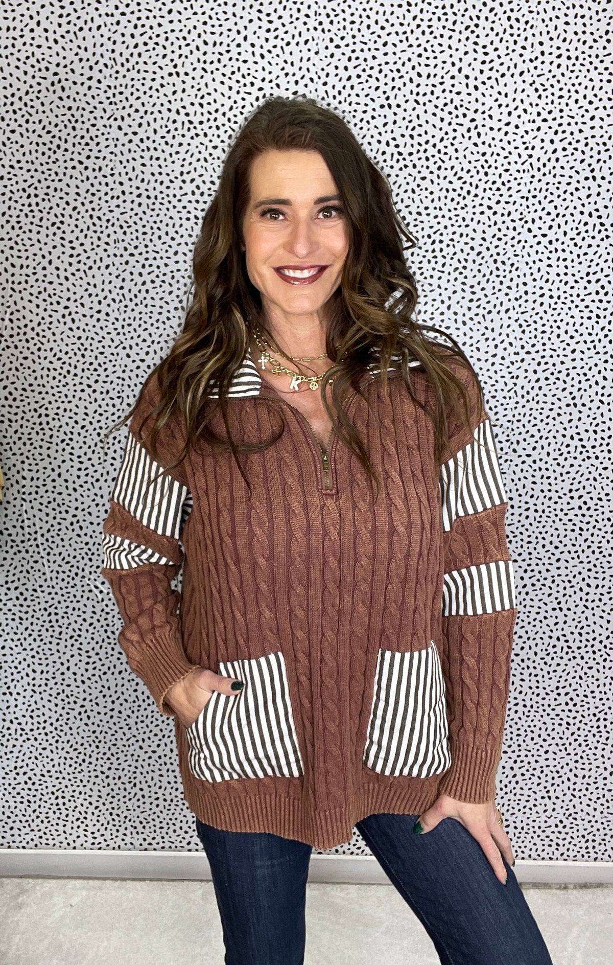 POL MVP Status Roomy Fit Long Sleeve Sweater In Brown *Final Sale*