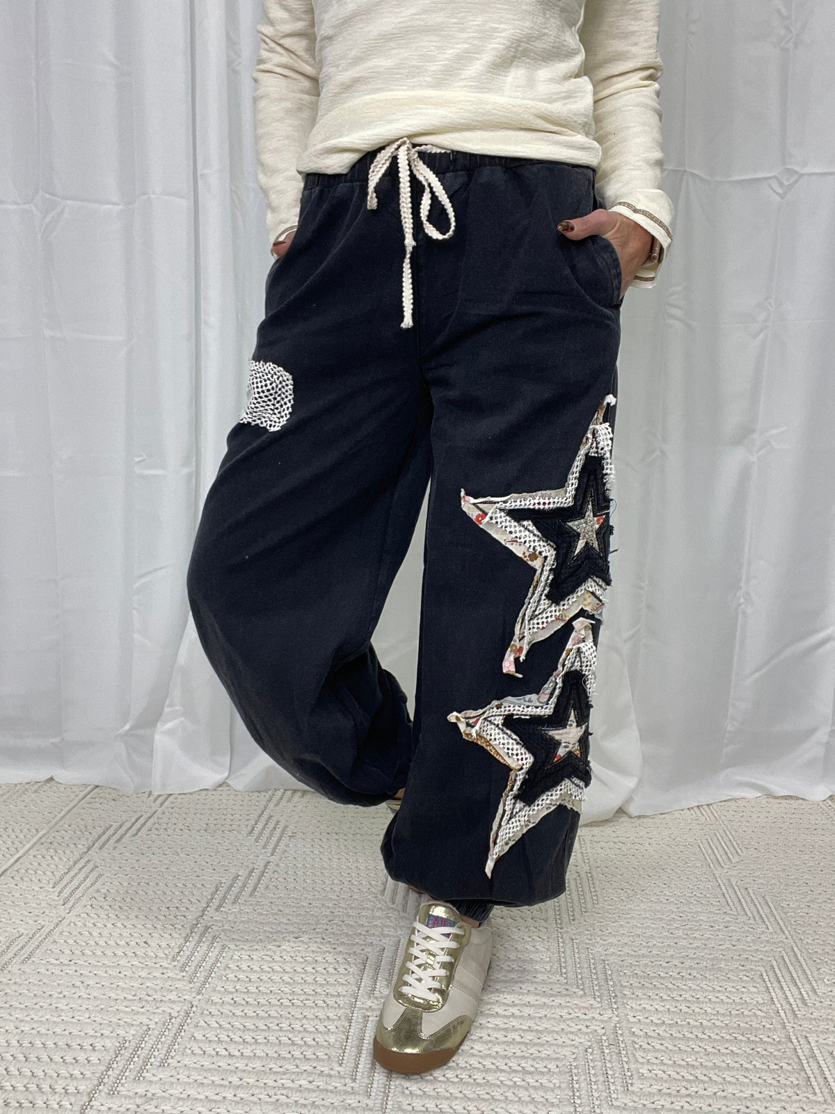POL Wishing Star Mixed Patches Jogger Pants In 2 Colors