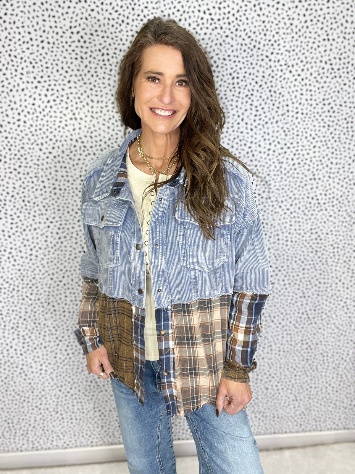 Oli & Hali Be Wild Washed Denim Plaid Color Block Jacket In 2 Colors