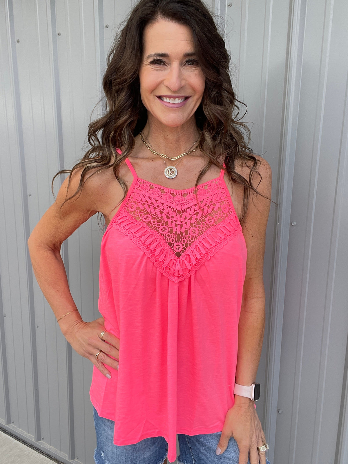 Summer Escape Lace Front Adjustable Strap Tank Top In 4 Colors: Coral Pink, Oatmeal, Violet