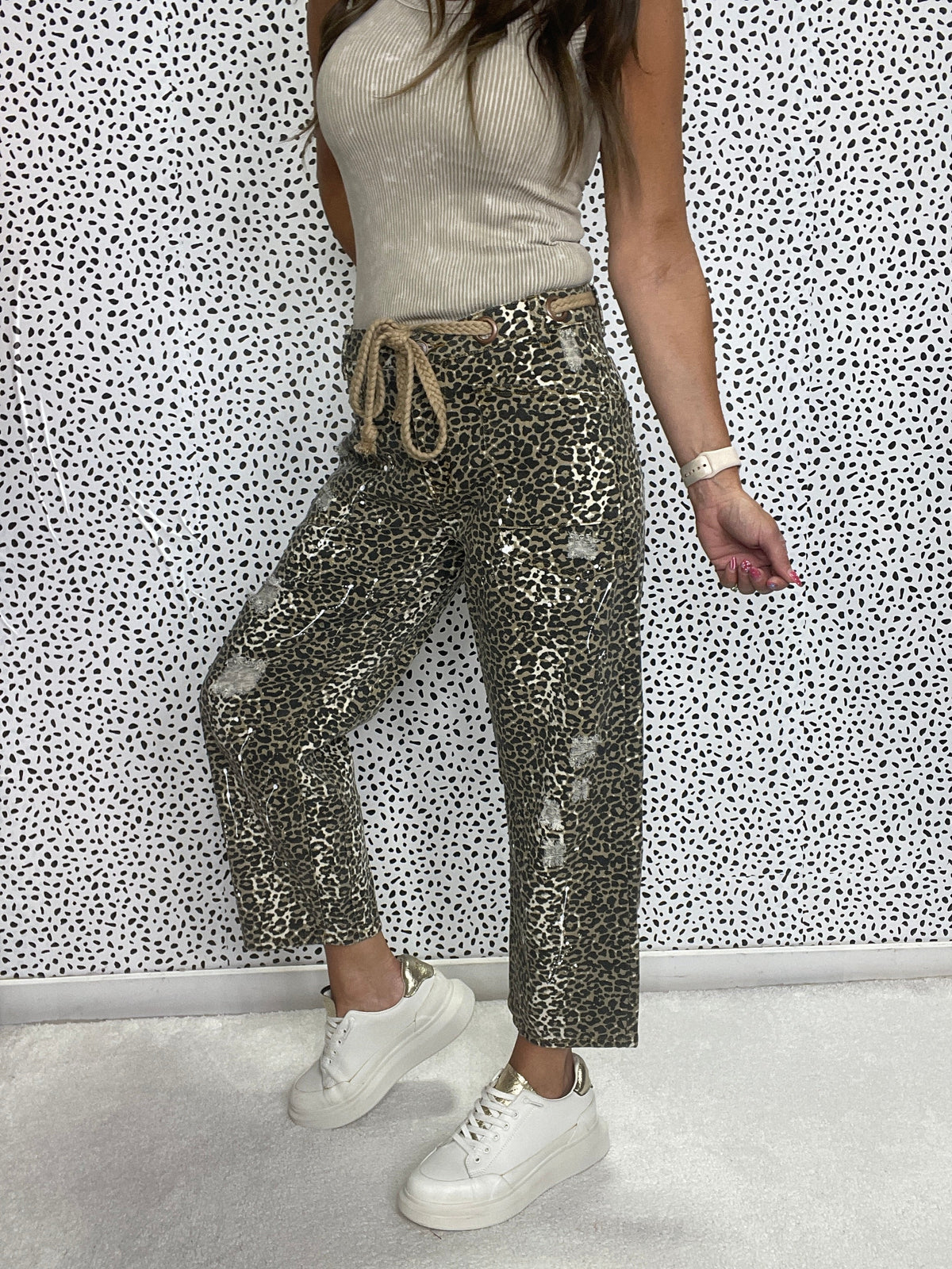Oli & Hali Washed Distressed Cheetah Print Pants