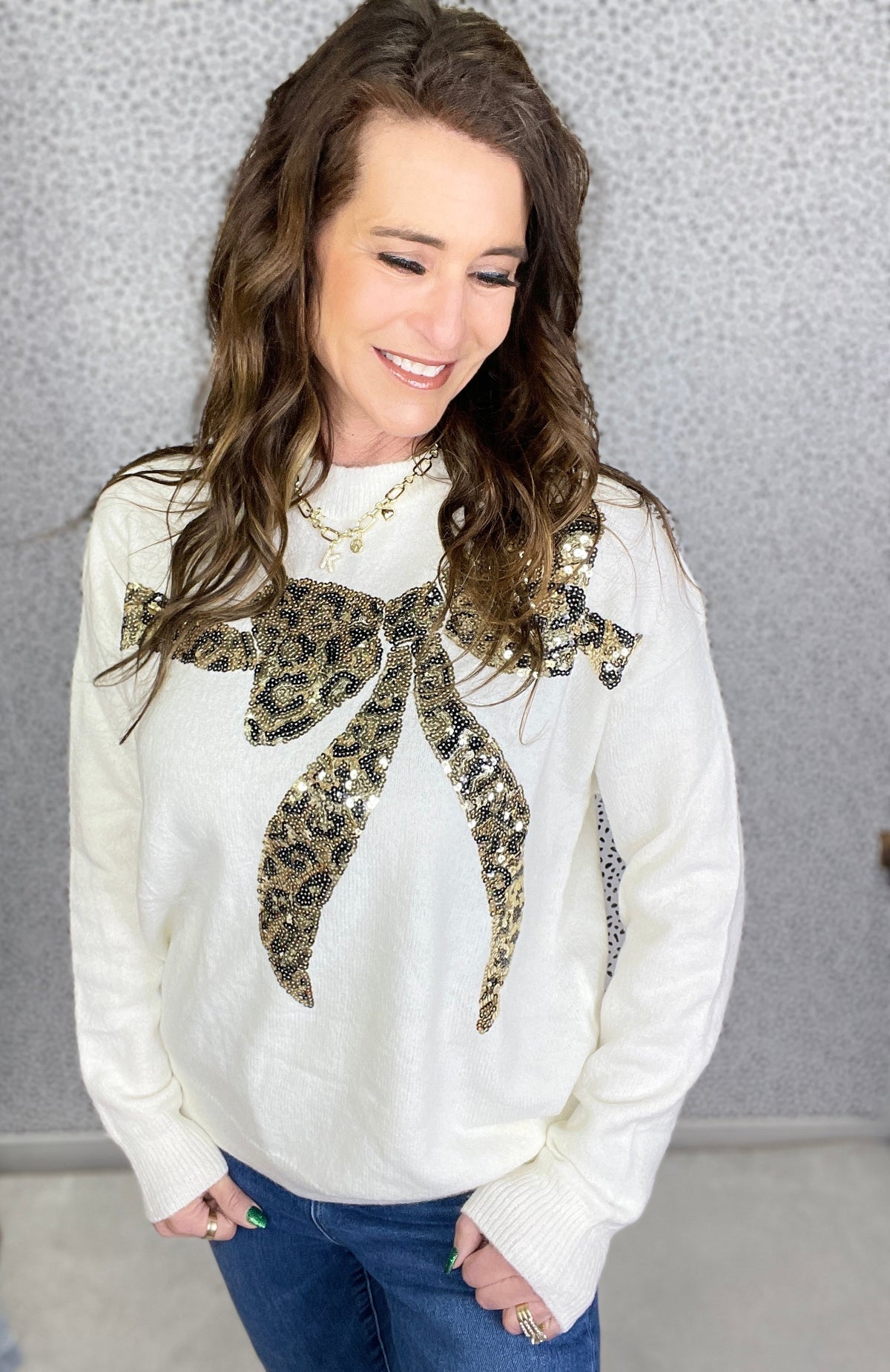 Put A Bow On It Animal Print Sequin Bow Sweater In 3 Colors