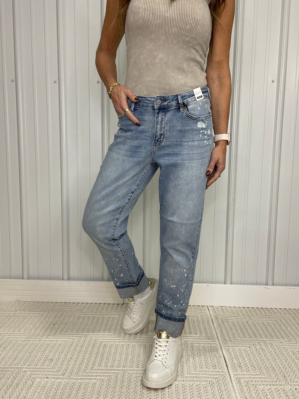 Judy Blue Victoria Bleach Splatter Single Cuff & Destroy Boyfriend Jeans 519 In Medium