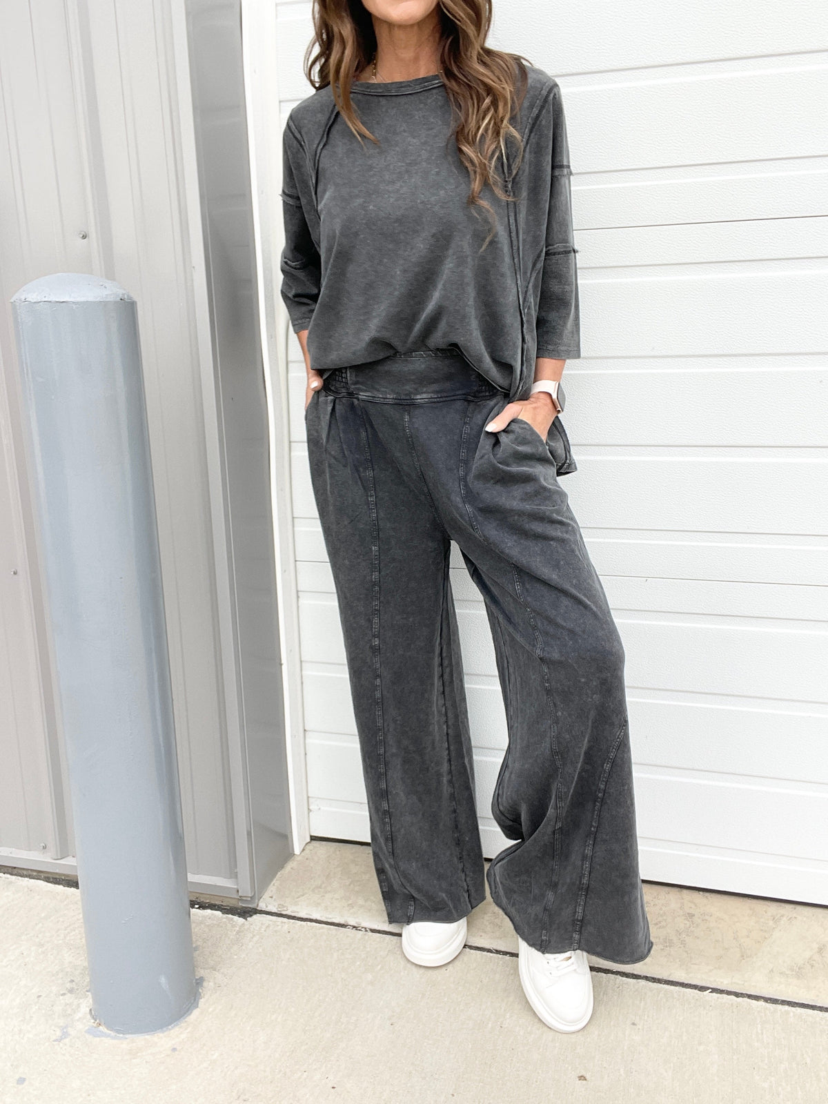 To The Top Mineral Washed Full Length Pants In 3 Colors: Black, Mocha, Green
