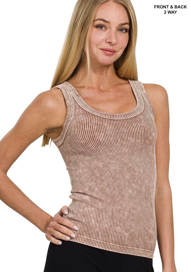 Mineral Wash Ribbed Reversable Tank Top In 5 Neutral Colors