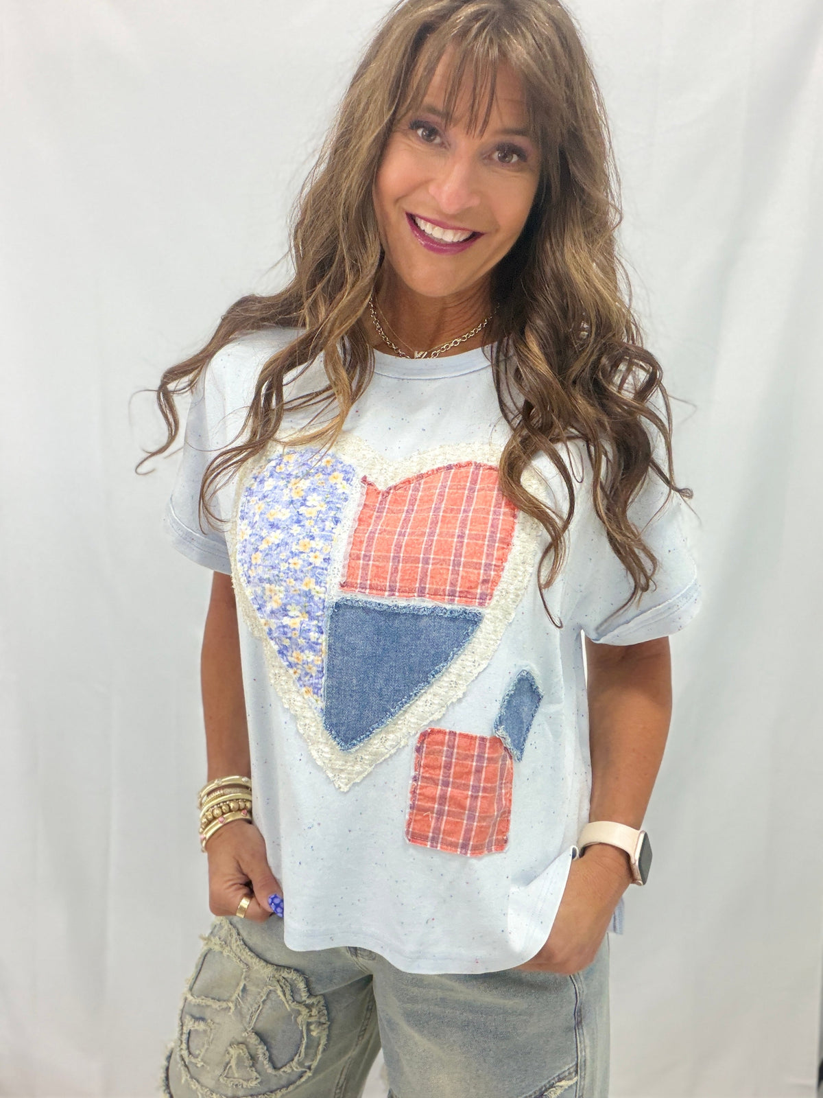 Shelter My Love Quilted Heart Vintage Top In Sky Blue