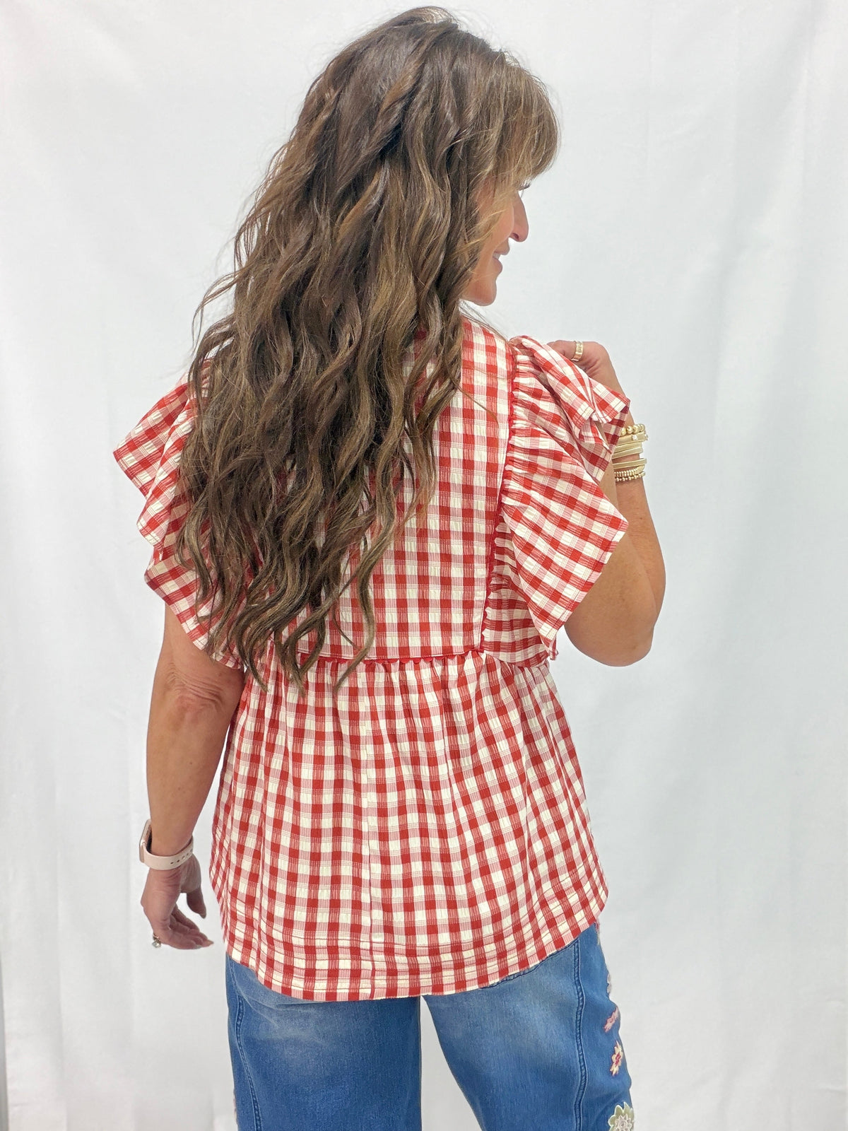 Find The Clues Gingham Babydoll Top In Red