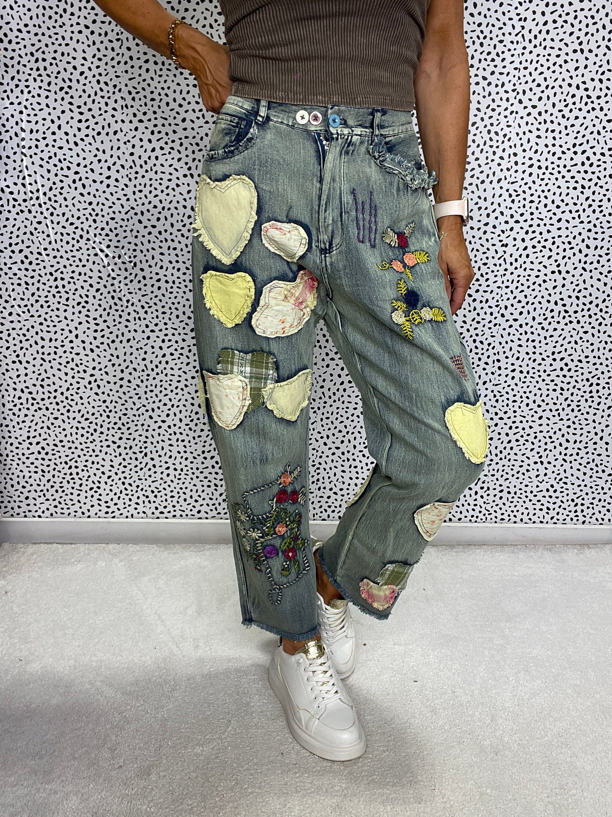 Multi Hearts Patch Work Pants In 2 Colors