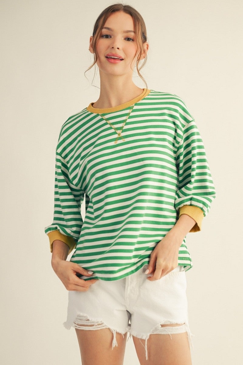 V-notched Neck Stripe Casual Top In Kelly Green *Final Sale*