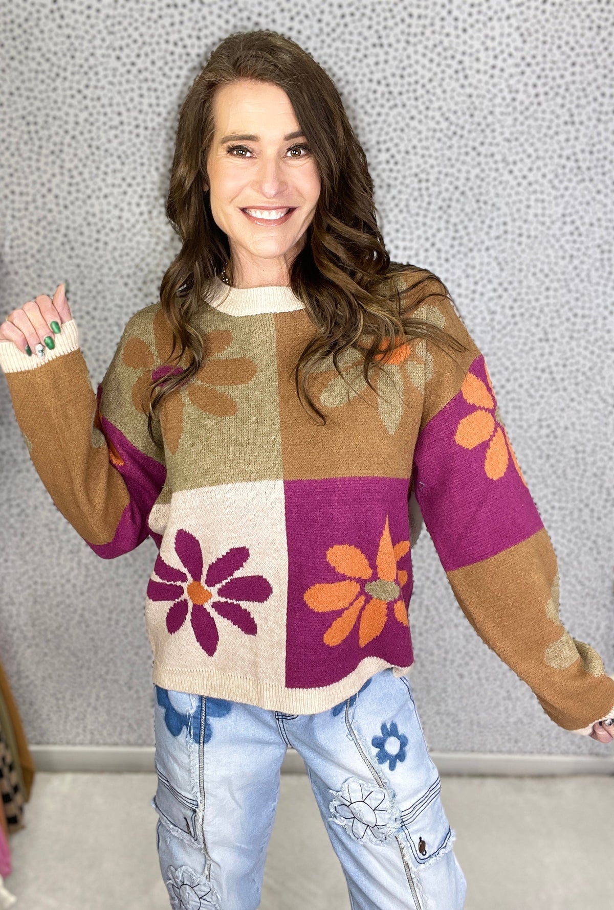 Happy Girl Flower Color Block Sweater In 3 Colors *Final Sale*