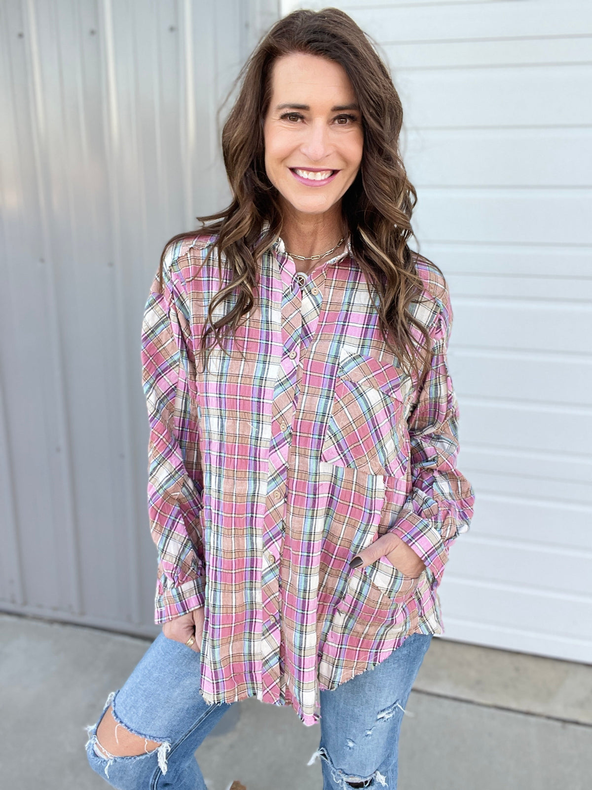 Fav All The Way Crinkled Plaid Button Front Shirt In 2 Colors