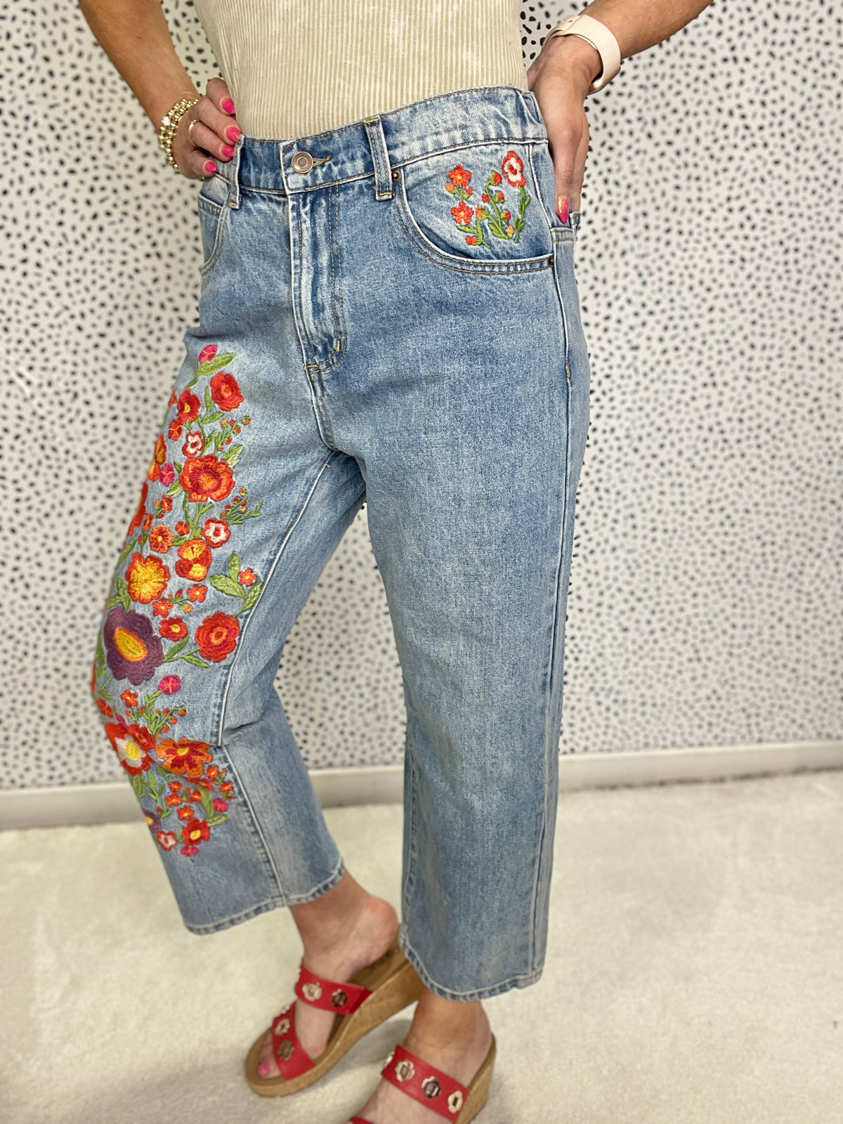 Oli & Hali Rachelle Washed Flower Embroidered Jeans 001 In Denim *Final Sale*