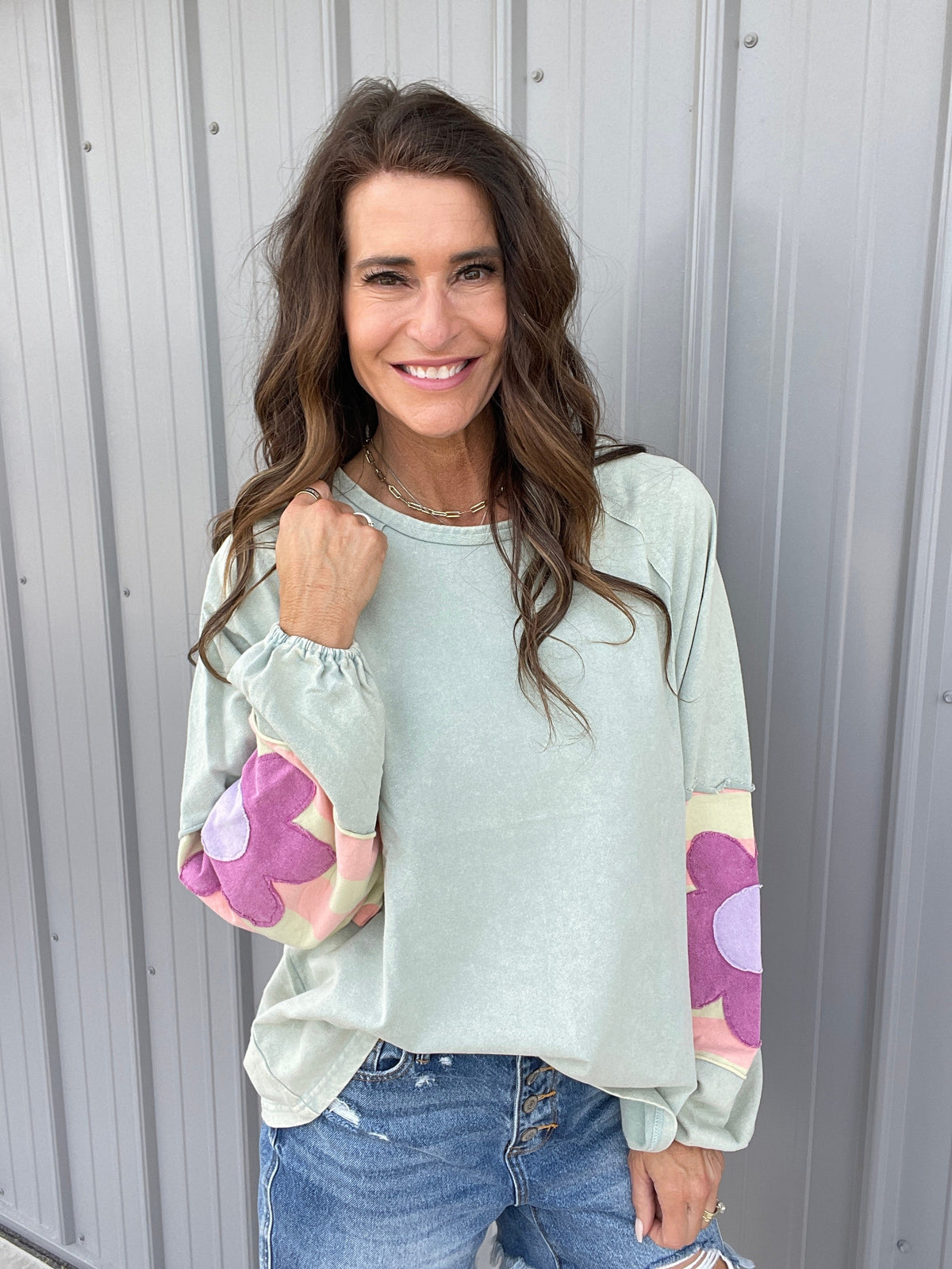 Faded Floral Patch Terry Knit Mineral Washed Long Sleeve Pullover in 4 Colors