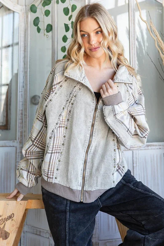 Oli & Hali Total Transfer Plaid Mix Jacket In 2 Colors: Cream, Camel