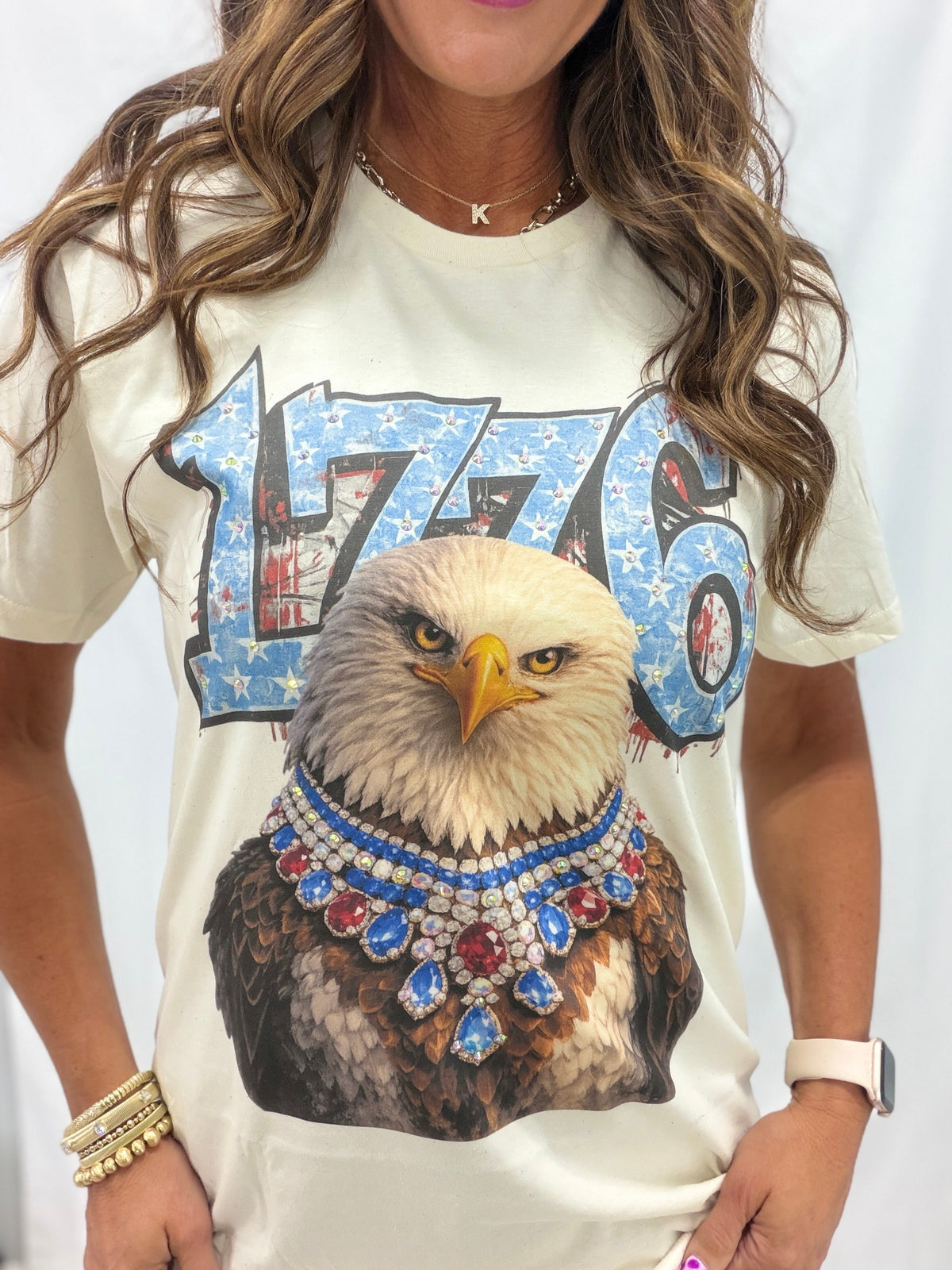 1776 Eagle Crystal Bling Graphic Tee In Cream *Final Sale*