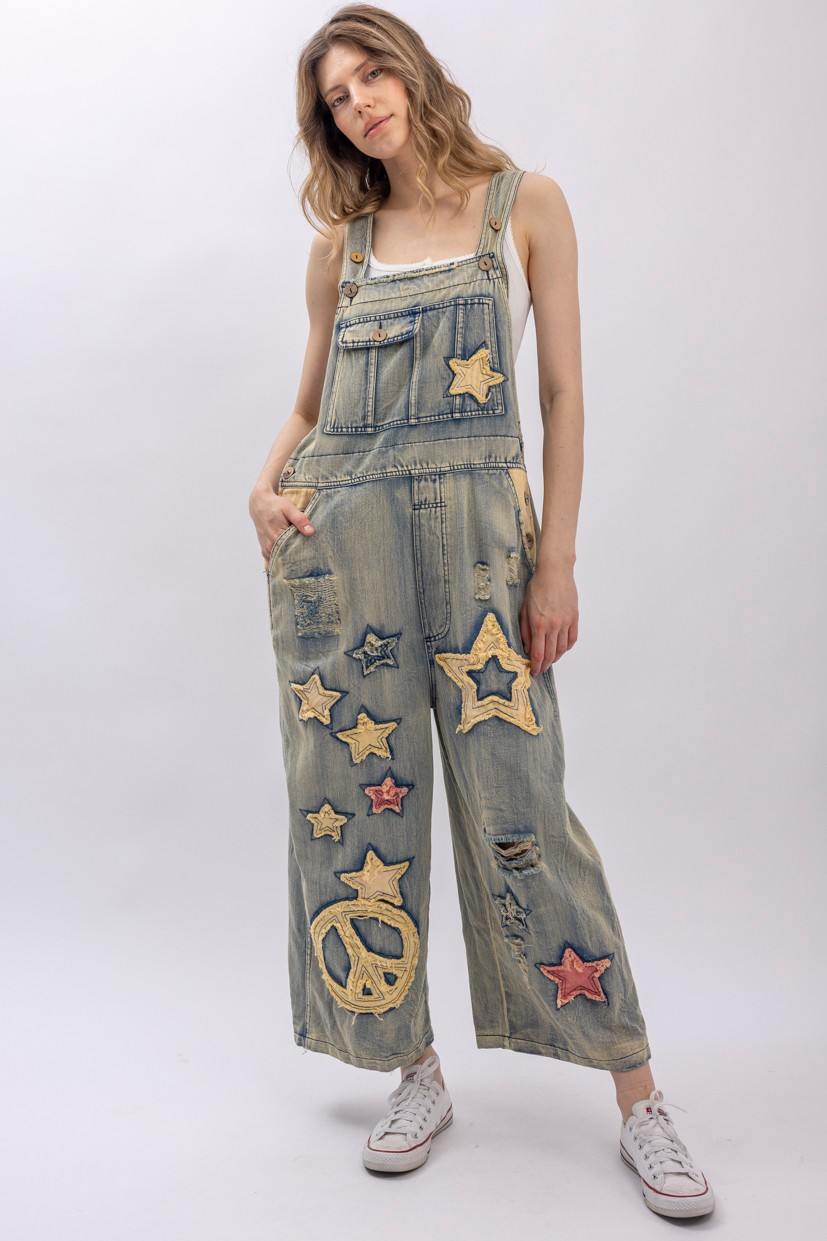 Patchwork Distressed Overalls In Light
