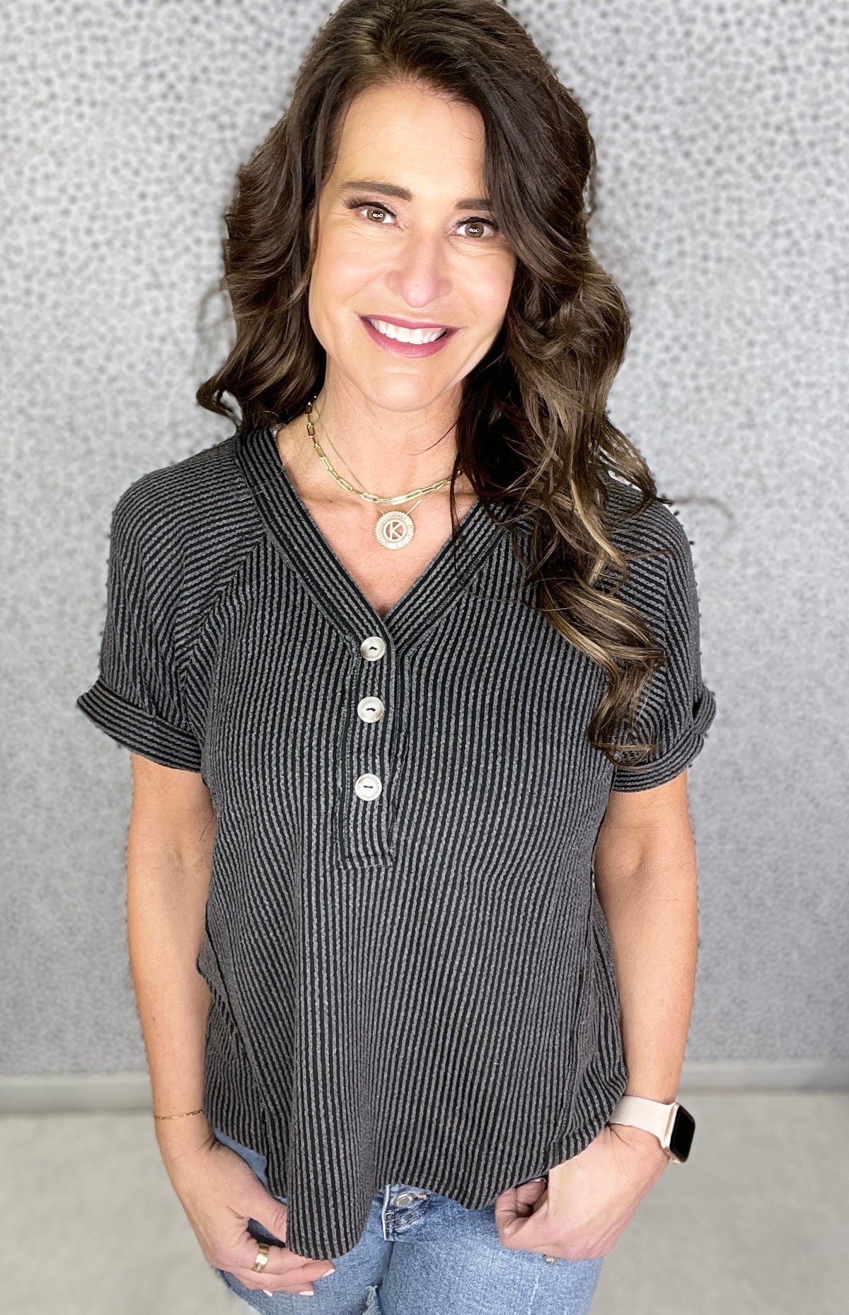 Textured Delight Button Front Sleeve Top