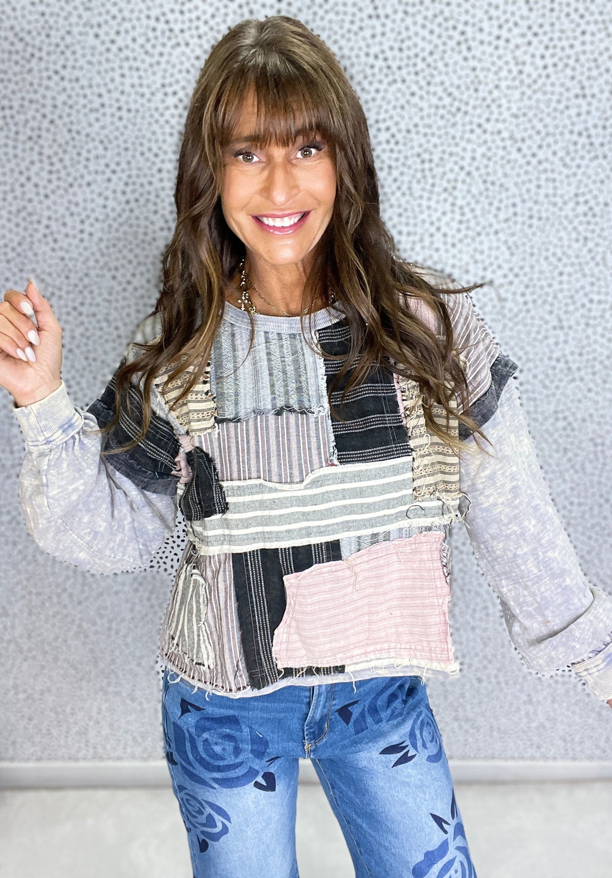 Oli & Hali What You Though Patchwork Long Sleeve Top In Dolphin *Final Sale*