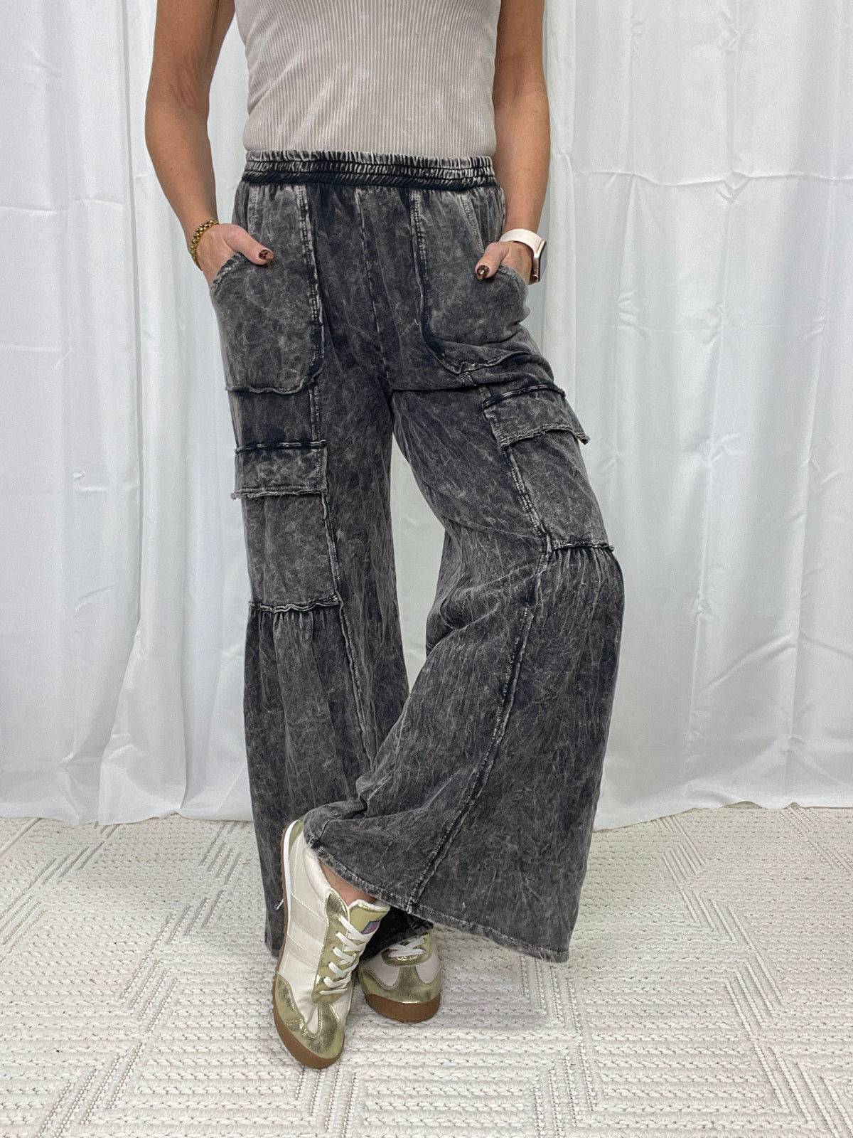 Living My Life Cargo Flare Pants In Ashed Black *Final Sale*
