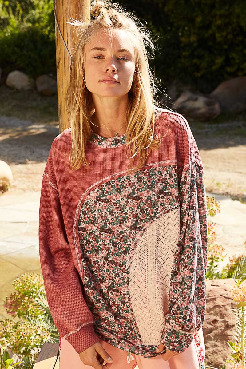 POL Break It Down Thermal Long Sleeve Top In Burgundy *Final Sale*