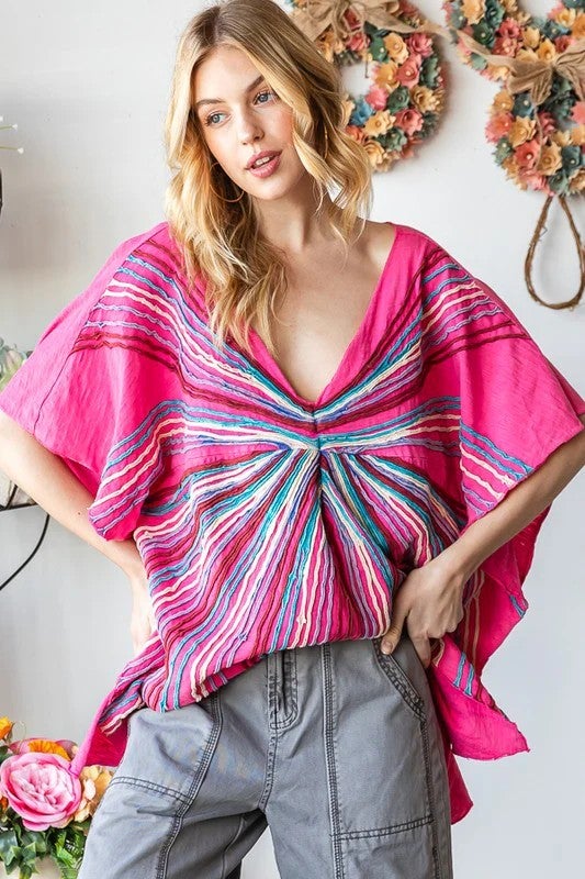 Oli & Hali Striped Serenity Oversized V-Neck Top In Pink *Final Sale*