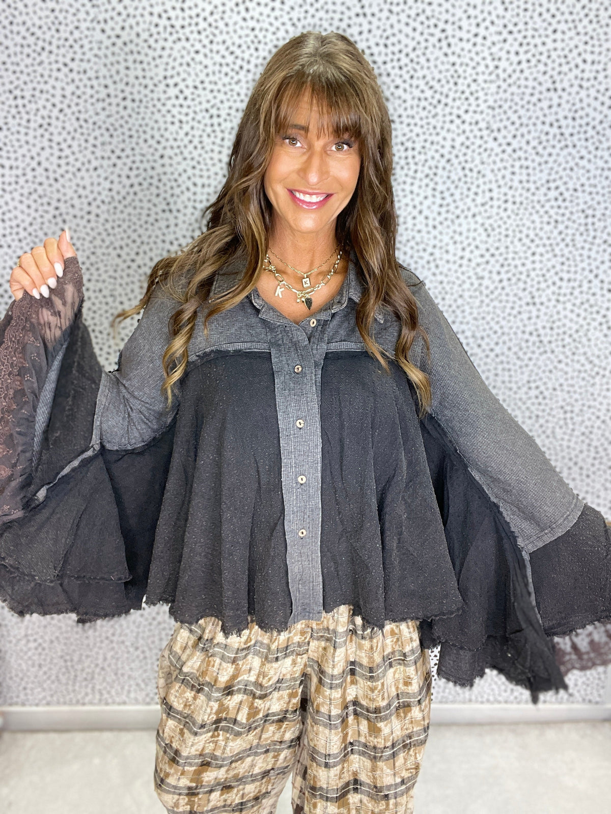 Midnight Ruffle Wing Button Top