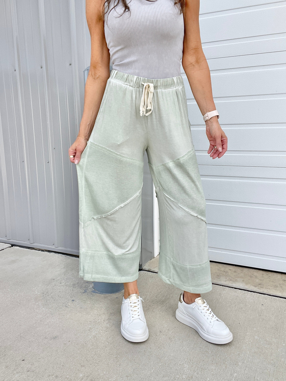Pol Play Date Loose Wide Leg Cropped Pants In 7 Colors: Aqua, Lilac, Grey, Pink, Beige, Black, Desert Sage *Final Sale*