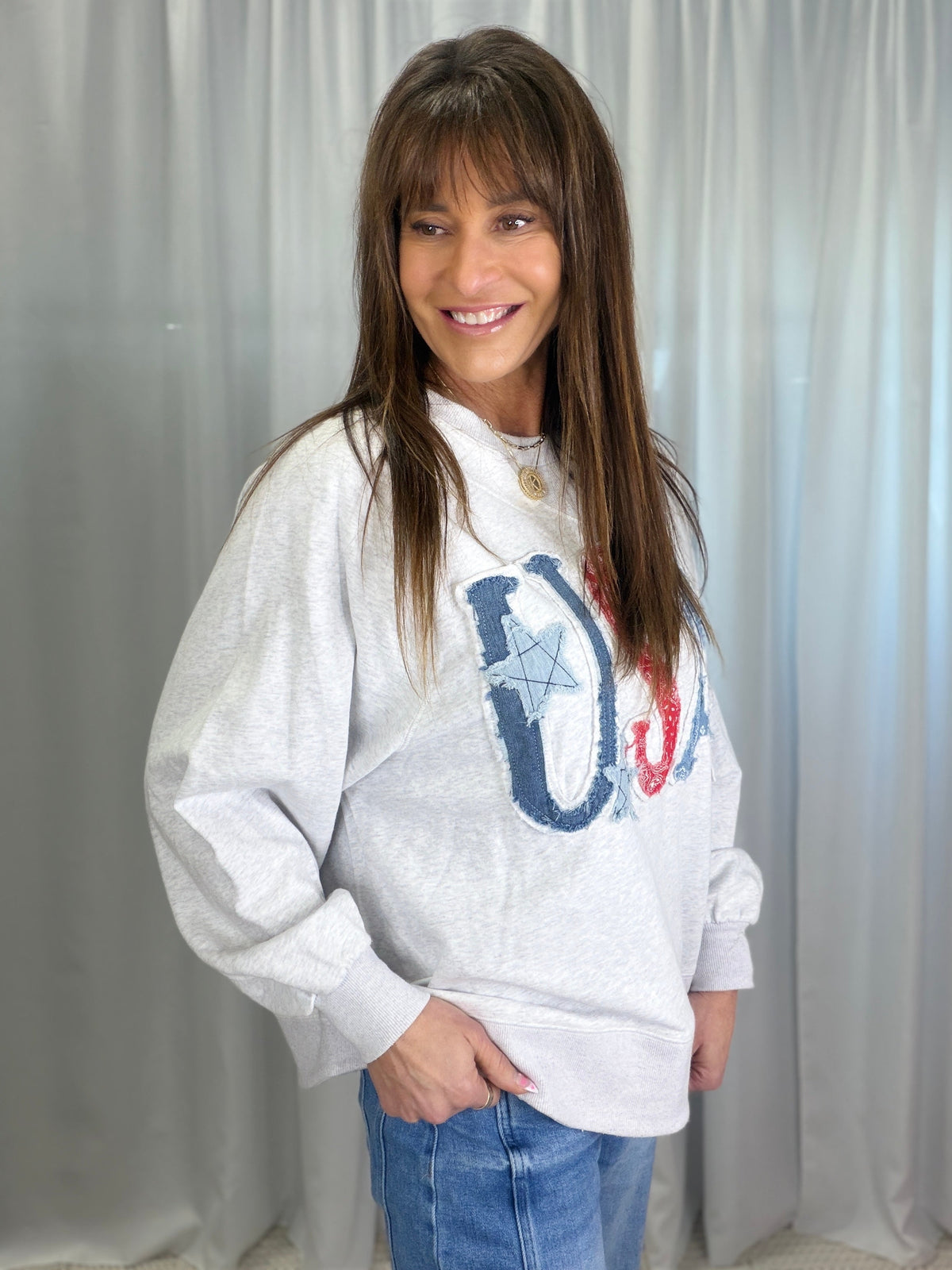 Americana Patchwork Pullover In Grey