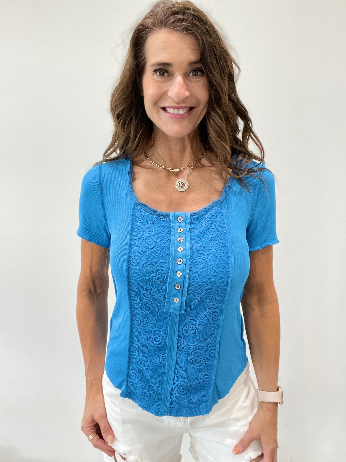 Pol Sea Of Blue Short Sleeve Ribbed And Lace Top *Final Sale*