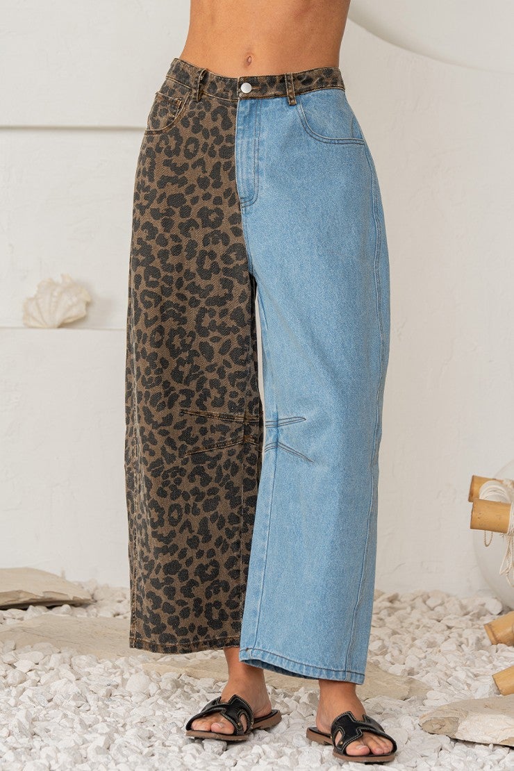 Relaxed Fit Split Design Wide Leg Pants In Brown/Denim *Final Sale*