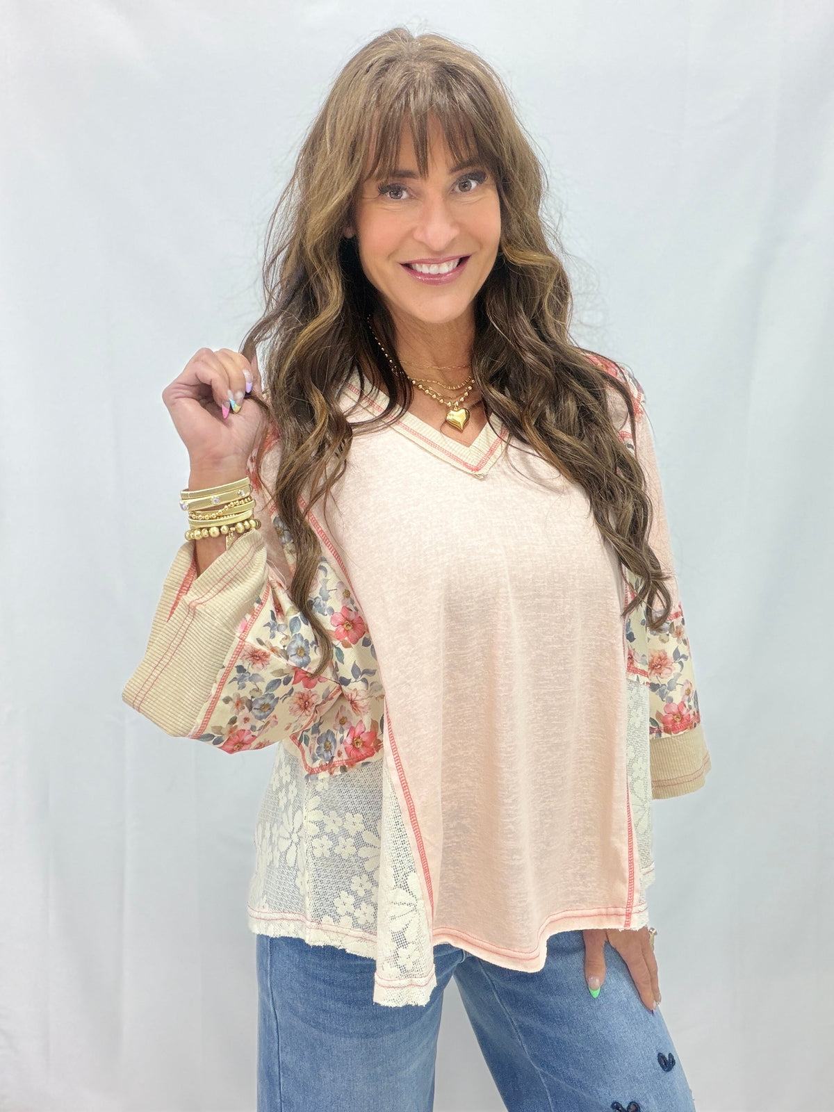 POL Bloomline Stitch V-Neck Top