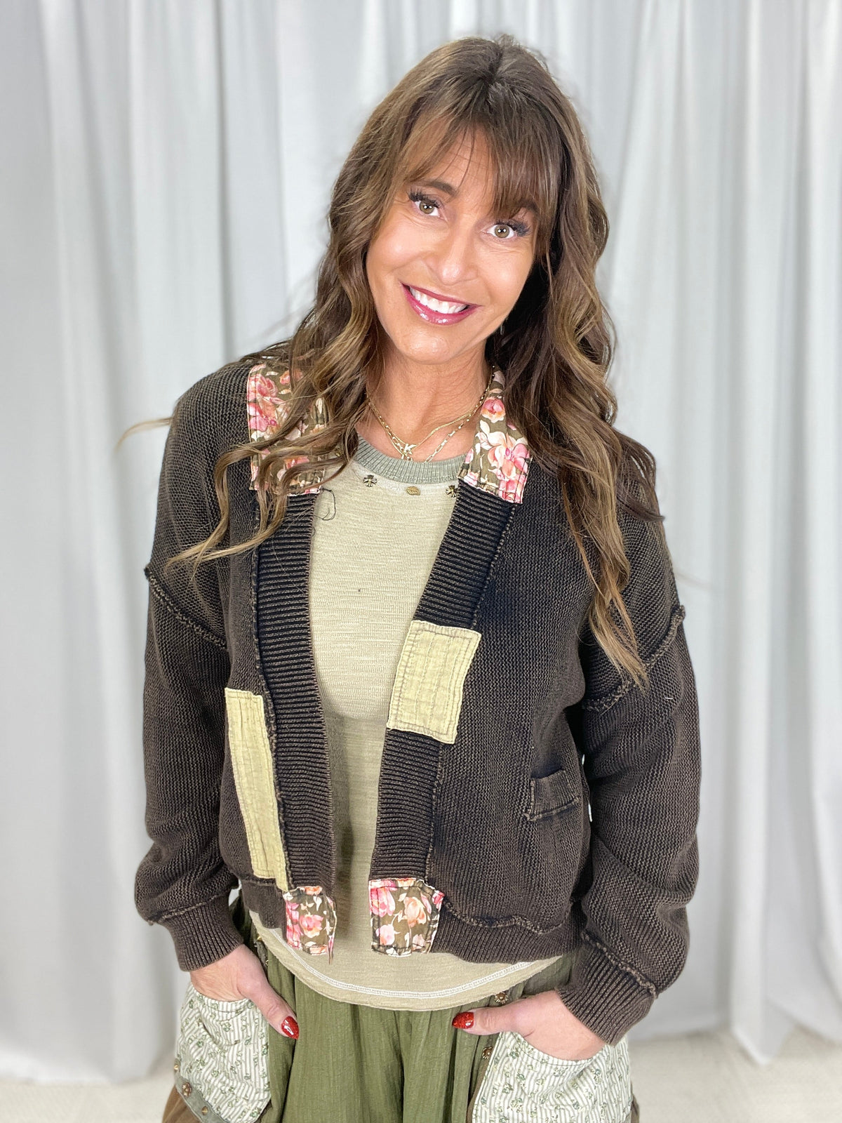 POL Canyon Rose Long Sleeve Cardigan In Black *Final Sale*