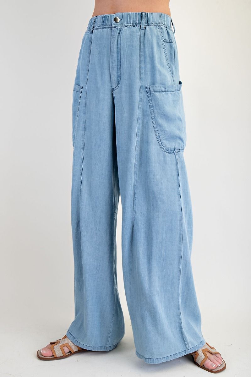 Count Out Loud Washed Chambray Wide Pants In 2 Colors