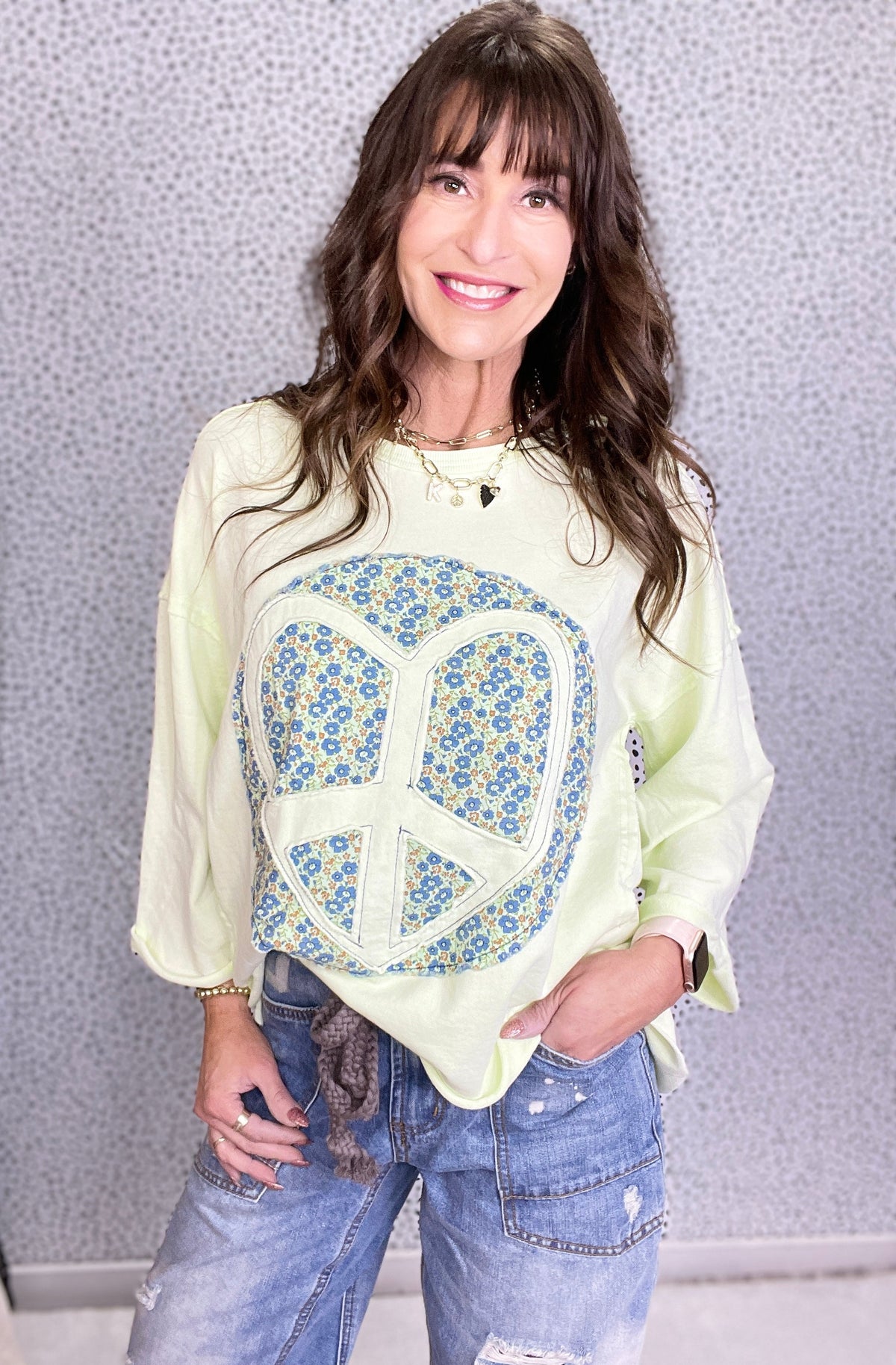 Tranquility Peace Sign Mineral Washed Terry Knit Top In 3 Colors