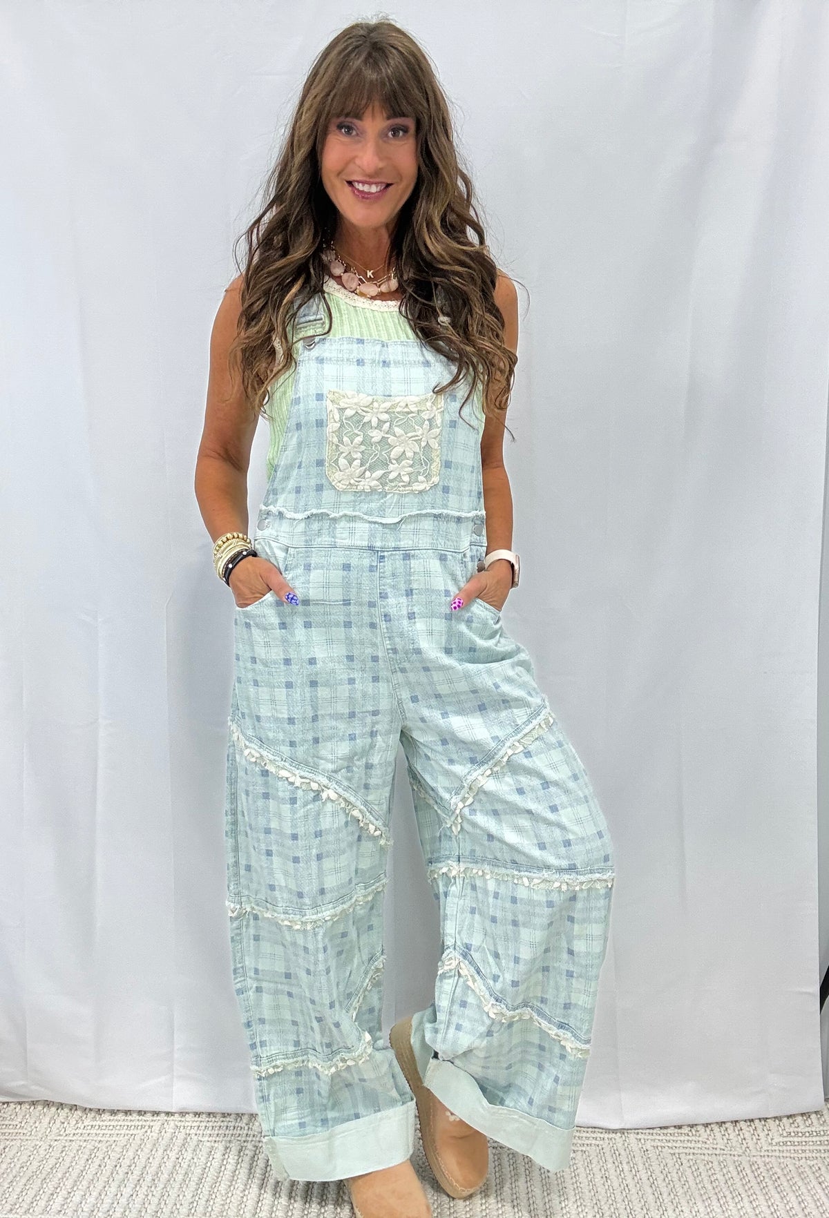 POL Relaxed Fit Denim Overalls In Blue Plaid