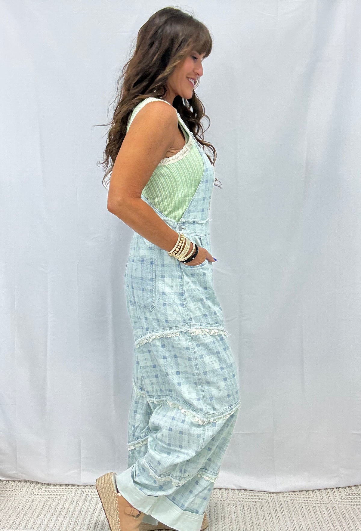 POL Relaxed Fit Denim Overalls In Blue Plaid