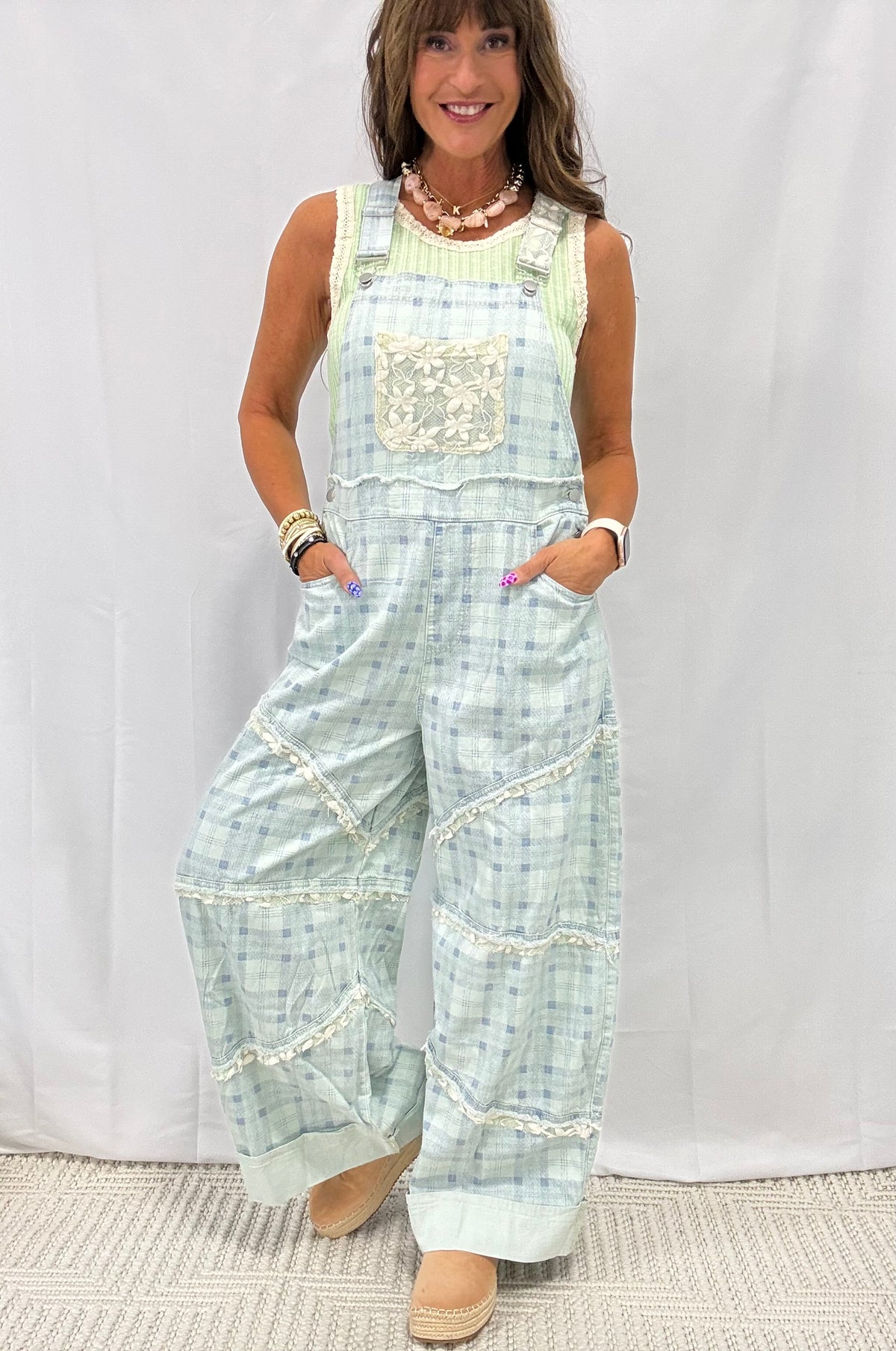 POL Relaxed Fit Denim Overalls In Blue Plaid