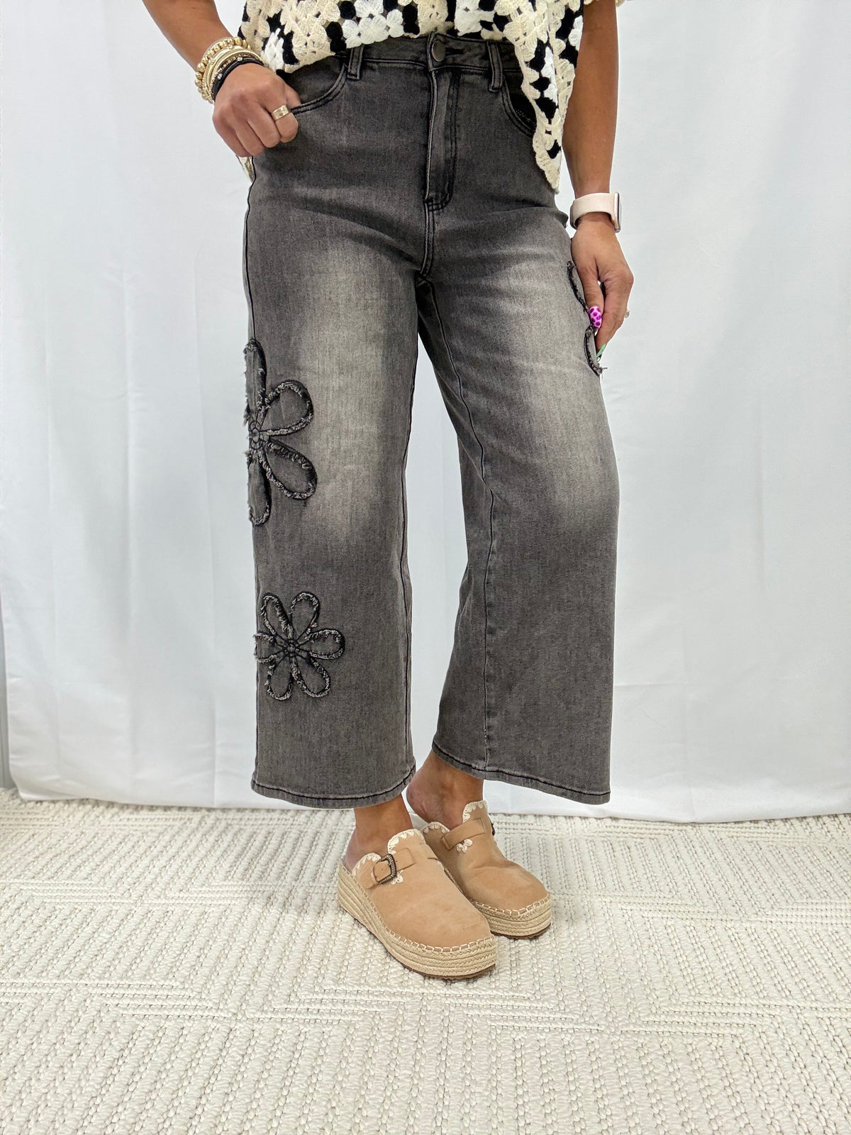 Garden Pick Flower Patch Jeans In 2 Colors: Blue, Black