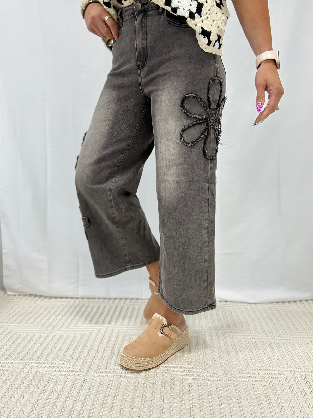 Garden Pick Flower Patch Jeans In 2 Colors: Blue, Black