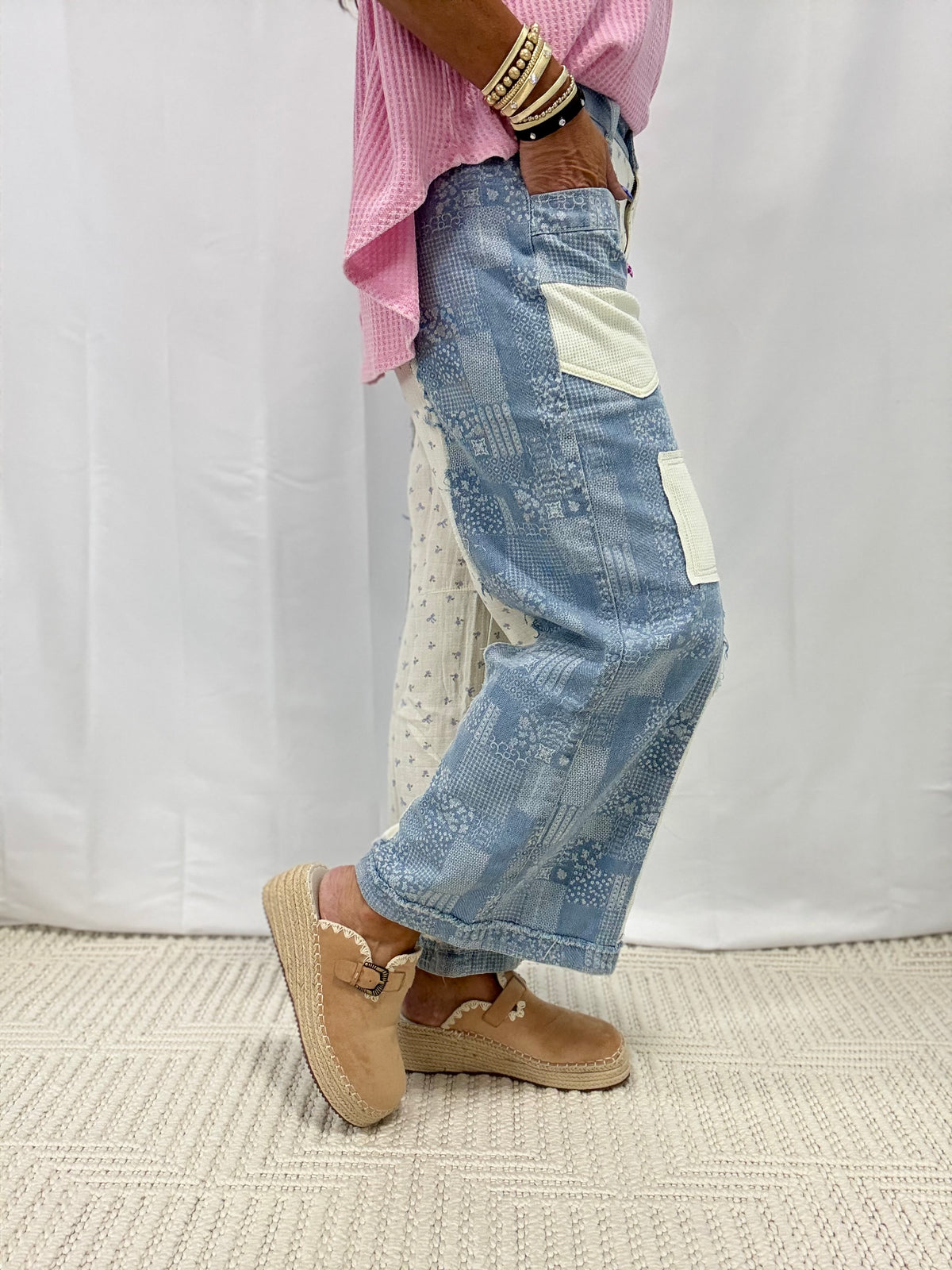 POL Printed Twill & Denim Straight Pants