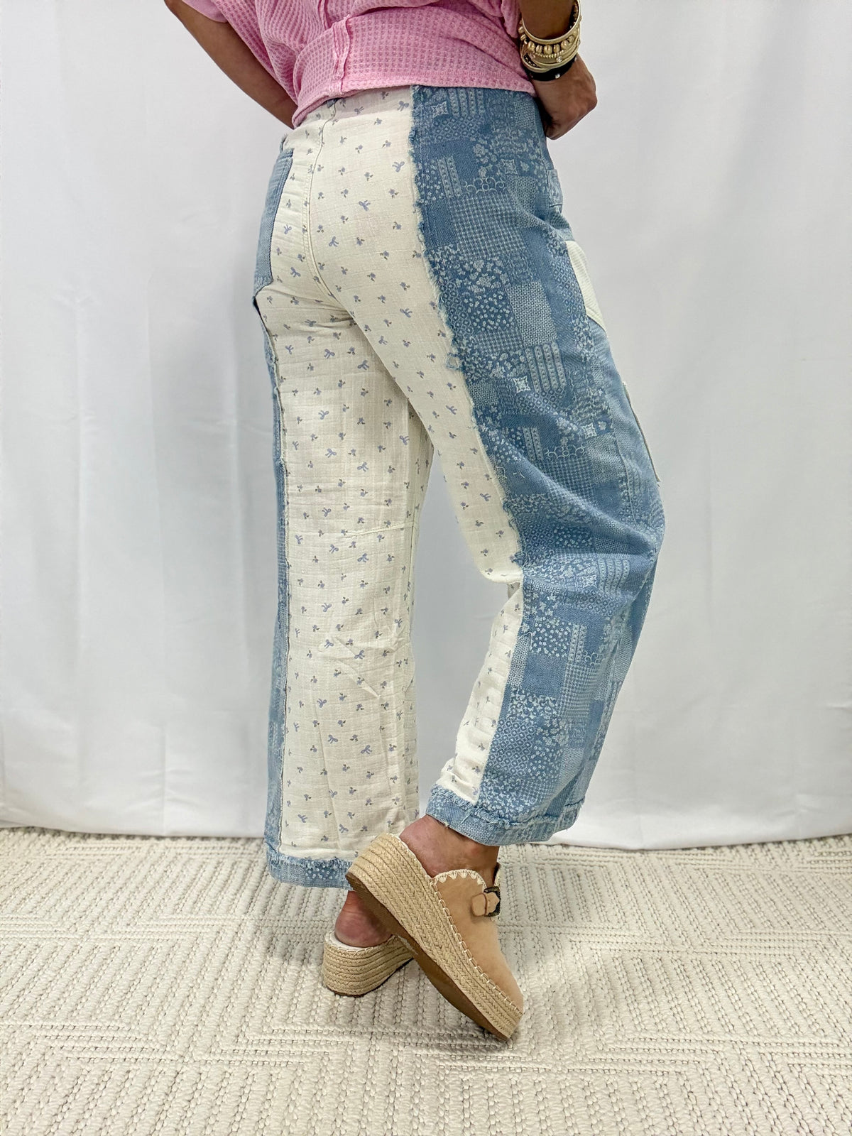 POL Printed Twill & Denim Straight Pants